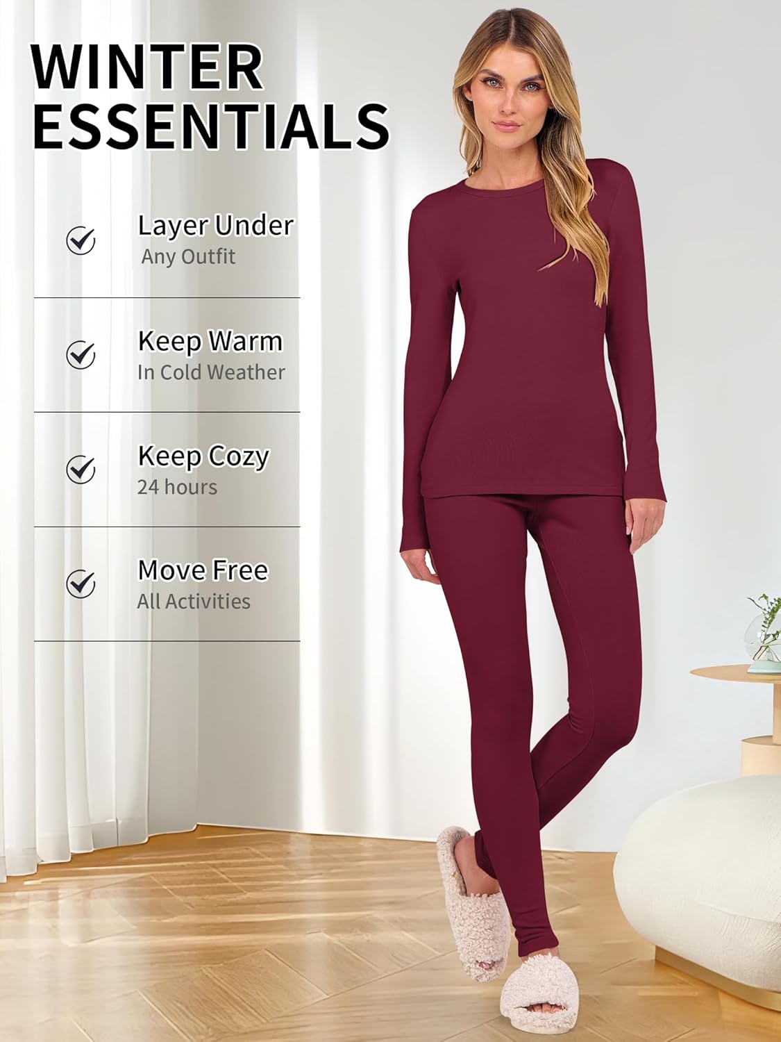 ANRABESS Thermal Underwear for Women Long Johns Fleece Lined Base Layer Pajama Set Cold Weather Top Bottom Winter Clothing