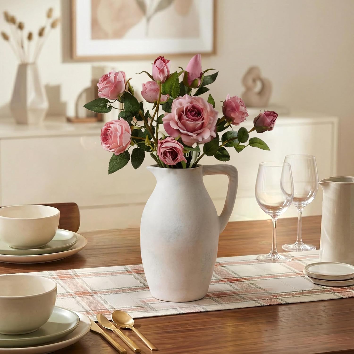 Ceramic Flower Vase with Handle, 9.65 inch Tall Ceramic Vase Home Decor Farmhouse Vases Terracotta Table Vases for Living Room Bathroom Modern Boho Coffee Table Centerpieces Bookshelf Kitchen, White