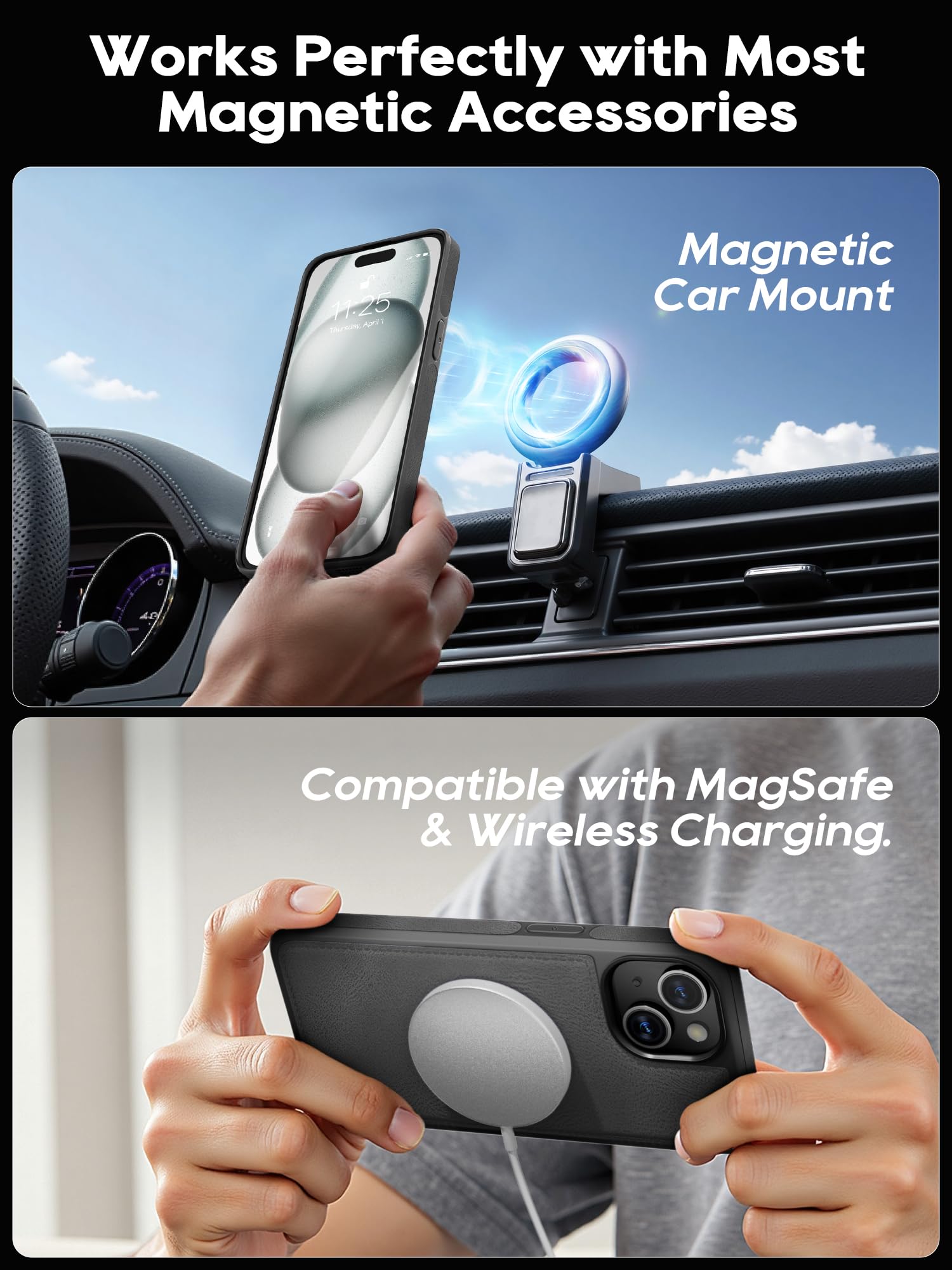 iPhone 15 Hülle,[2 in 1 Magnetisch Abnehmbar] Kabelloses Laden Kompatibel Stoßfest Schutzhülle Lederhülle Klapphülle Handyhülle für iPhone 15 - schwarz