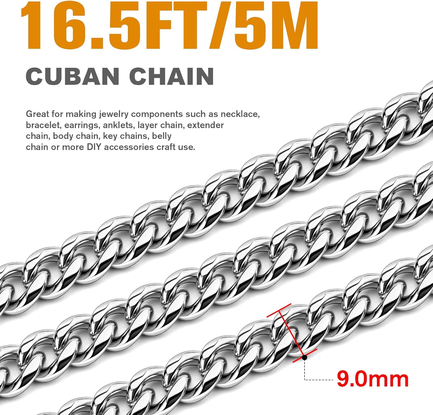 16.5 Feet Stainless Steel Cuban Chains Roll, 9mm Width Miami Curb Link Chains Spool Bulk for Jewelry Meking & DIY Craft - Image 2