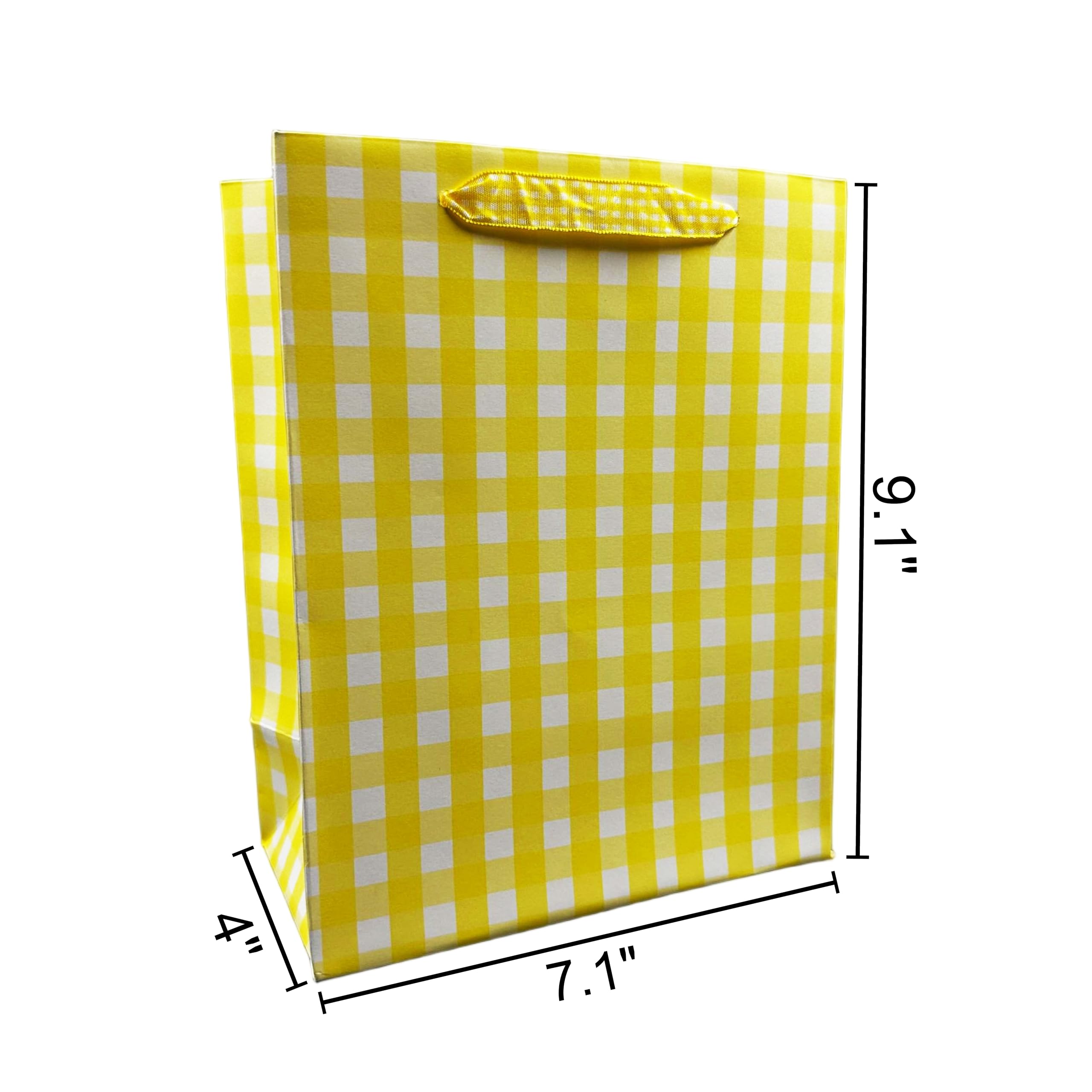10-Pack 250g Kraft Paper Gift Bags with Checkered Pattern & Twine and tissues paper - Vintage Design, Grid Handle Bags for Wedding, Party Favors, Retail Packaging (9.1x7.1x3.9 Inches) (Yellow)