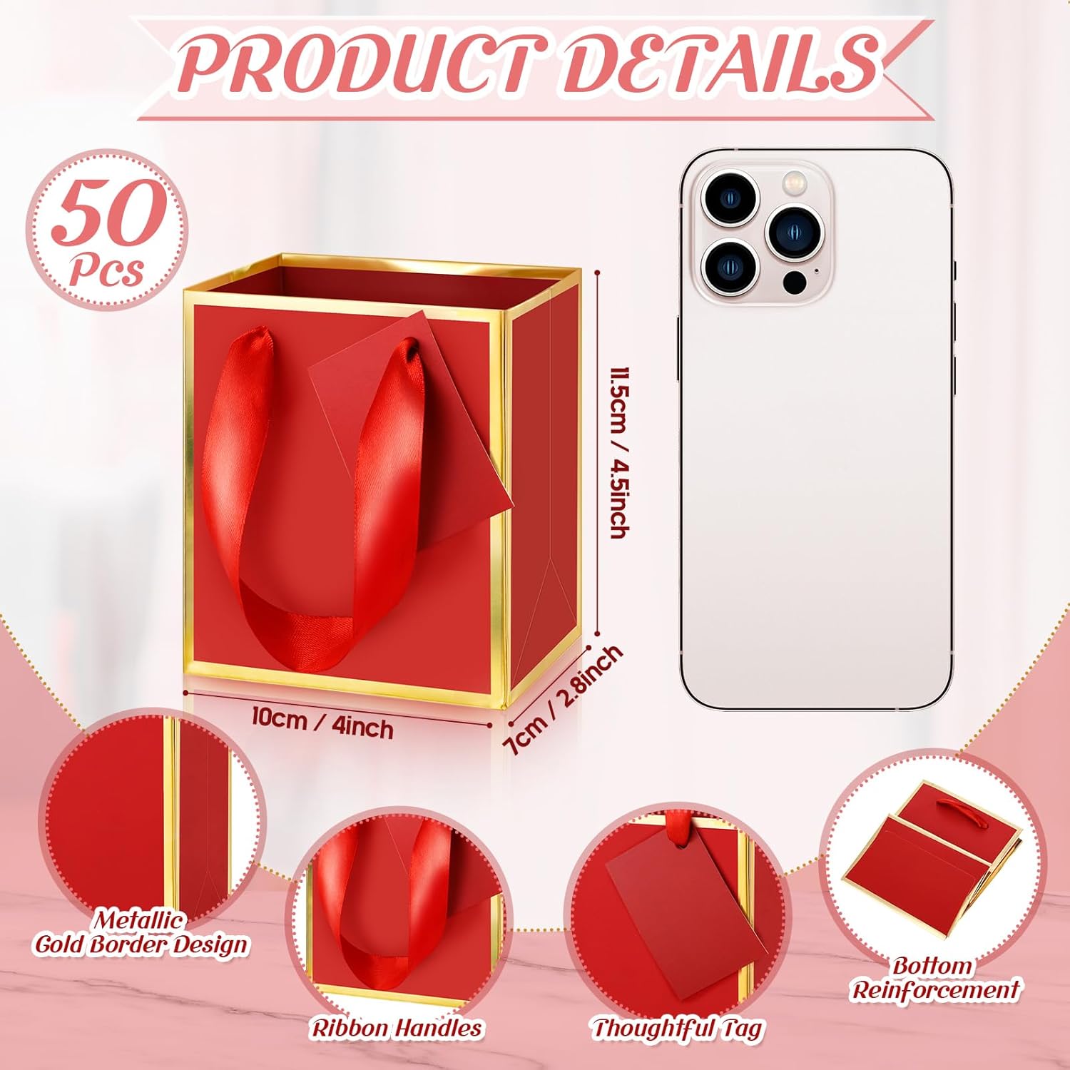 Yeaqee 50 Pcs Mini Metallic Paper Gift Bags with Handles 4x2.75x4.5'' Tiny Small Gift Bags with Thank You Tag for Wedding Graduation Birthday Party Return Gifts Jewelry Business (Red,Gold) - Image 2