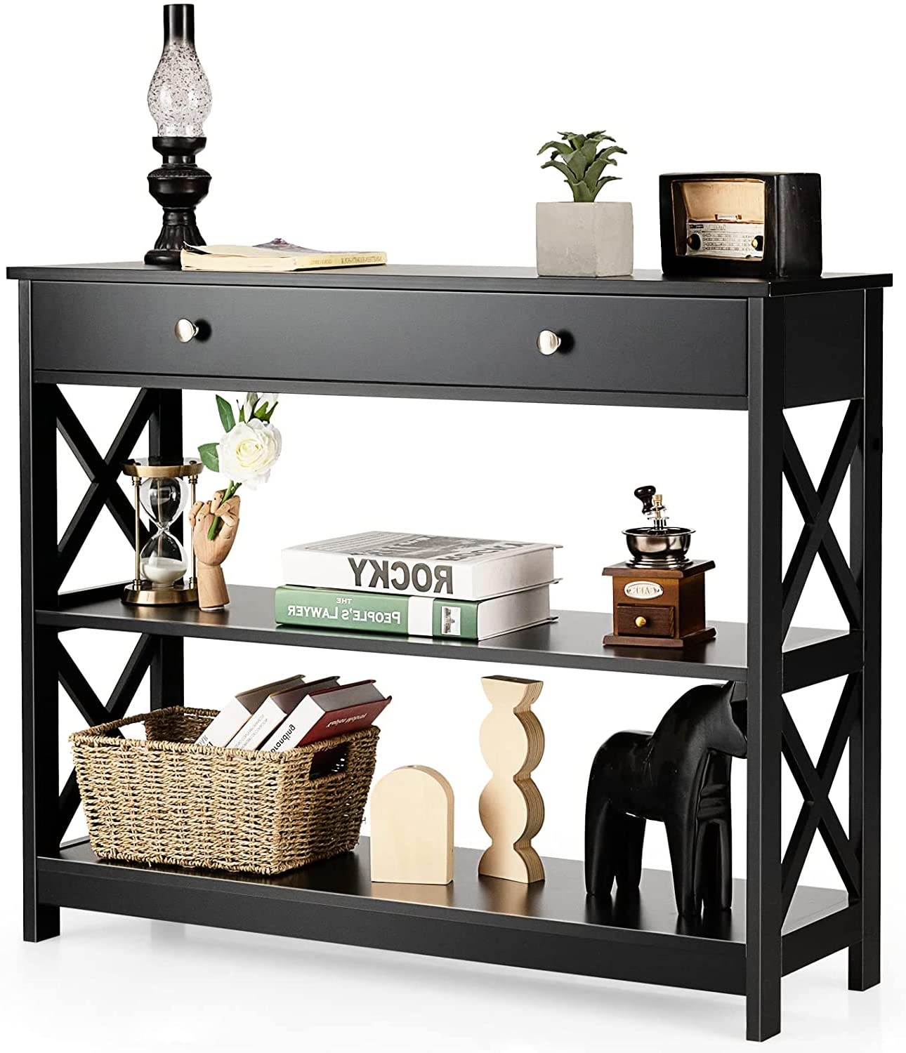 LDAILY LUARANE Console Table with Storage, Sofa Table with 2 Open Shelves Drawer, Narrow Accent Table with X-Shaped Wooden Frame, Multifunctional