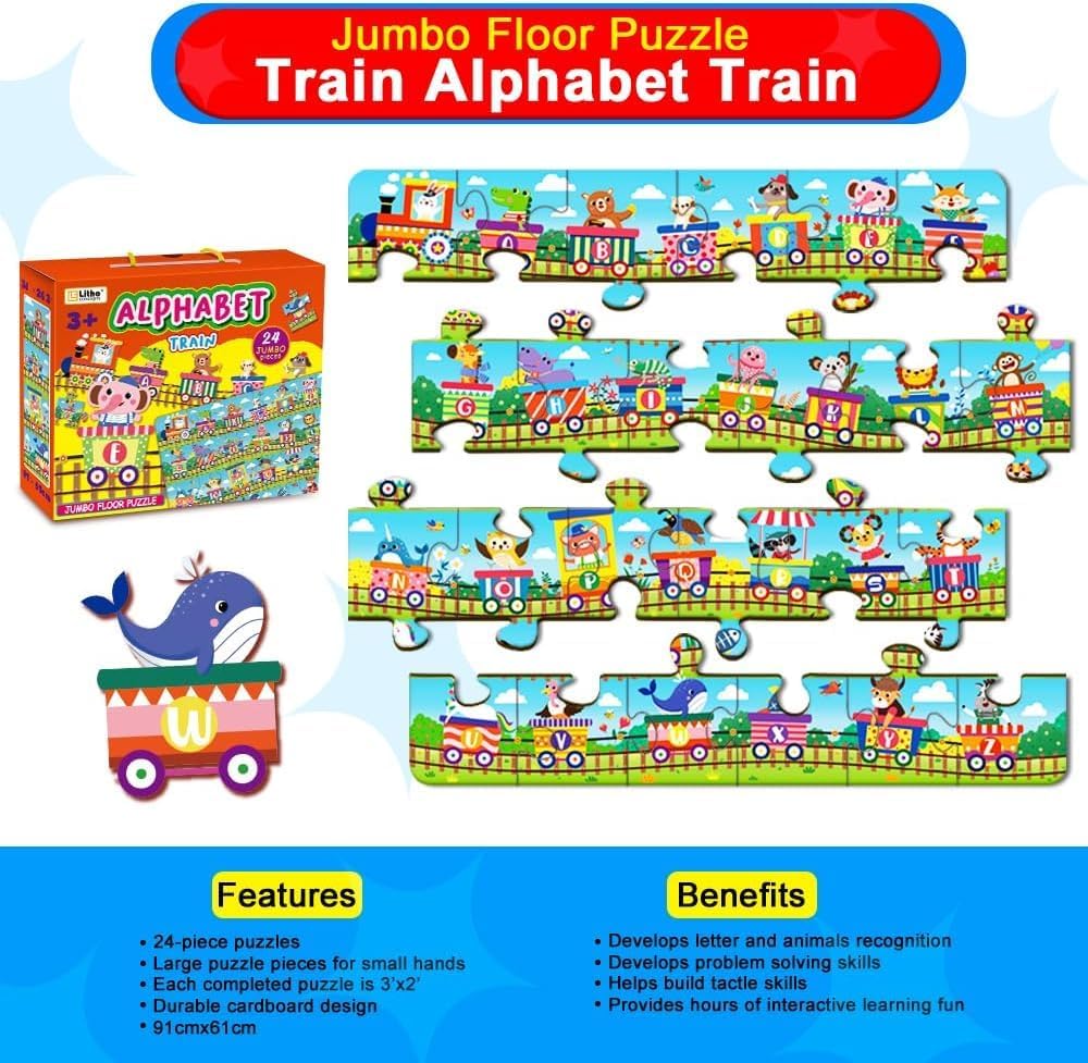 Learn ABC with Fun! 24pc Alphabet Train Jumbo Floor Puzzle for Toddlers - Interactive Educational Toy for Ages 3+