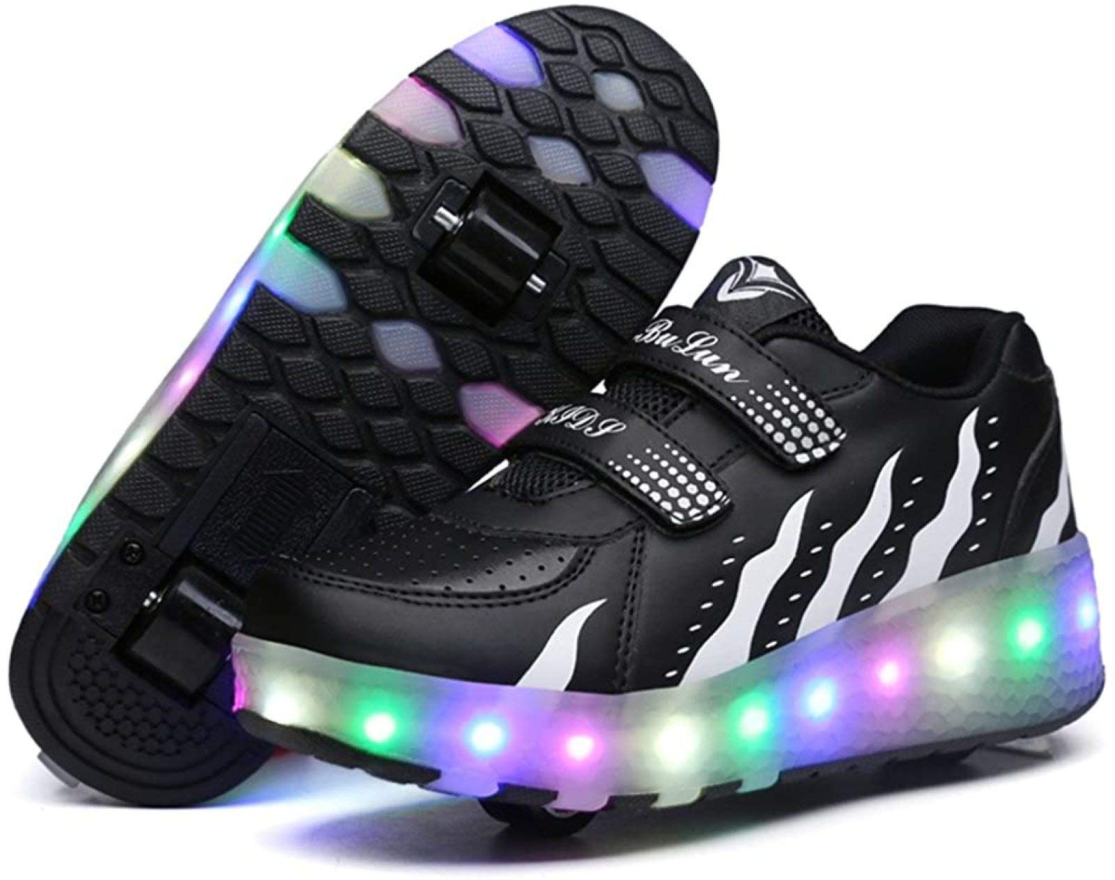 Unisex LED Rollschuhschuhe Mit Doppelrädern Inline Retractable Technical Skateboarding Schuh Outdoor Sport Cross Trainer Vibration Flashing Sneaker Für Geburtstag Halloween Weihnachten,Black-38