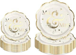 LeZakaa 50Pcs Wedding Paper Plates Sets- Mr & Mrs Design Gold Foil Disposable Party Plates Decorative Tableware Supplies for Wedding, Engagement, Bridal Shower - 7 Inch & 9 Inch