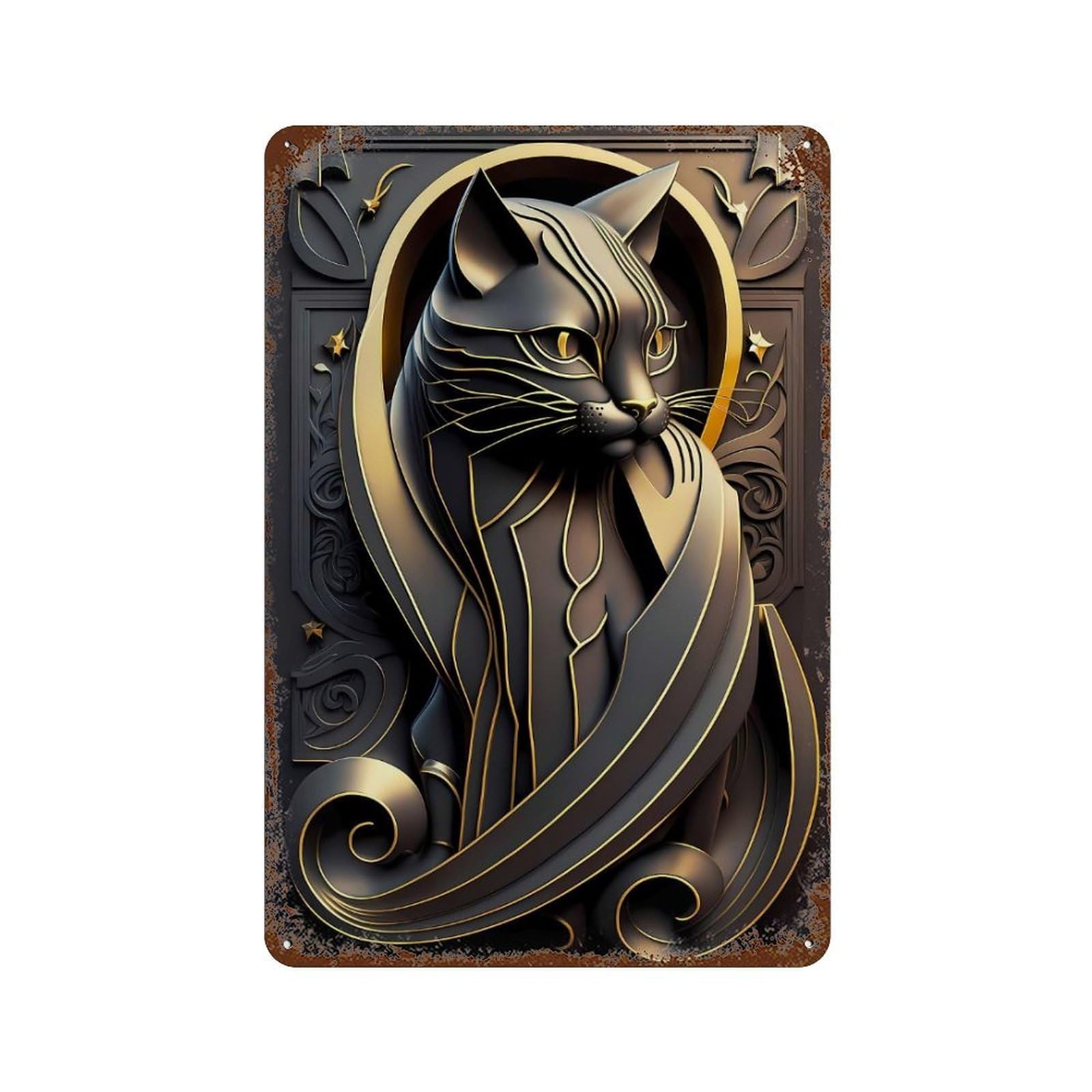 Rustic Tin Plaque Noble Cat Golden Art Deco 11.8"x7.9", Vintage Wall Decor for Pub, Kitchen And Man Cave Decor