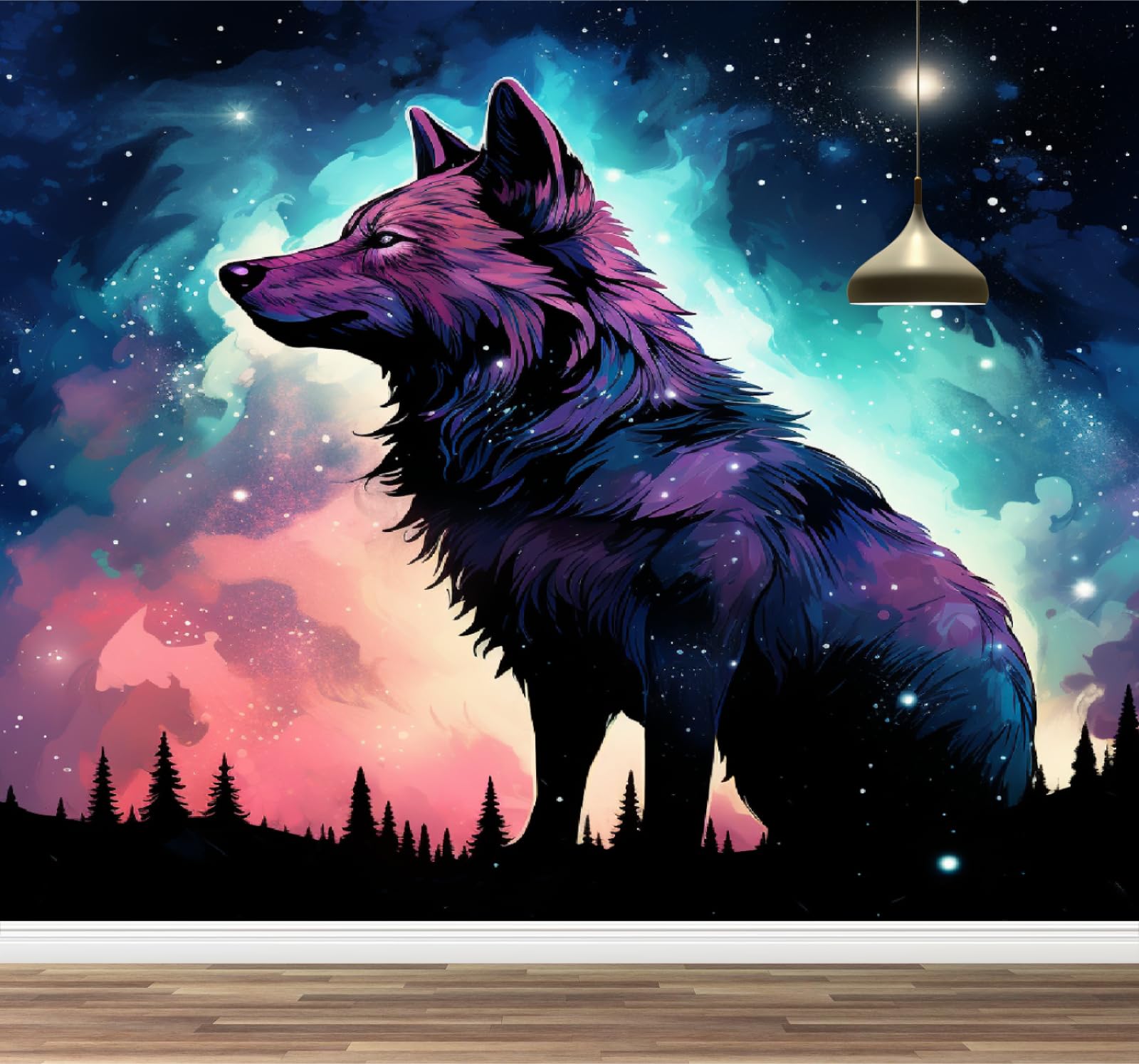 Papier peint 3D loup forêt scène de nuit décoration murale hôtel 495x353