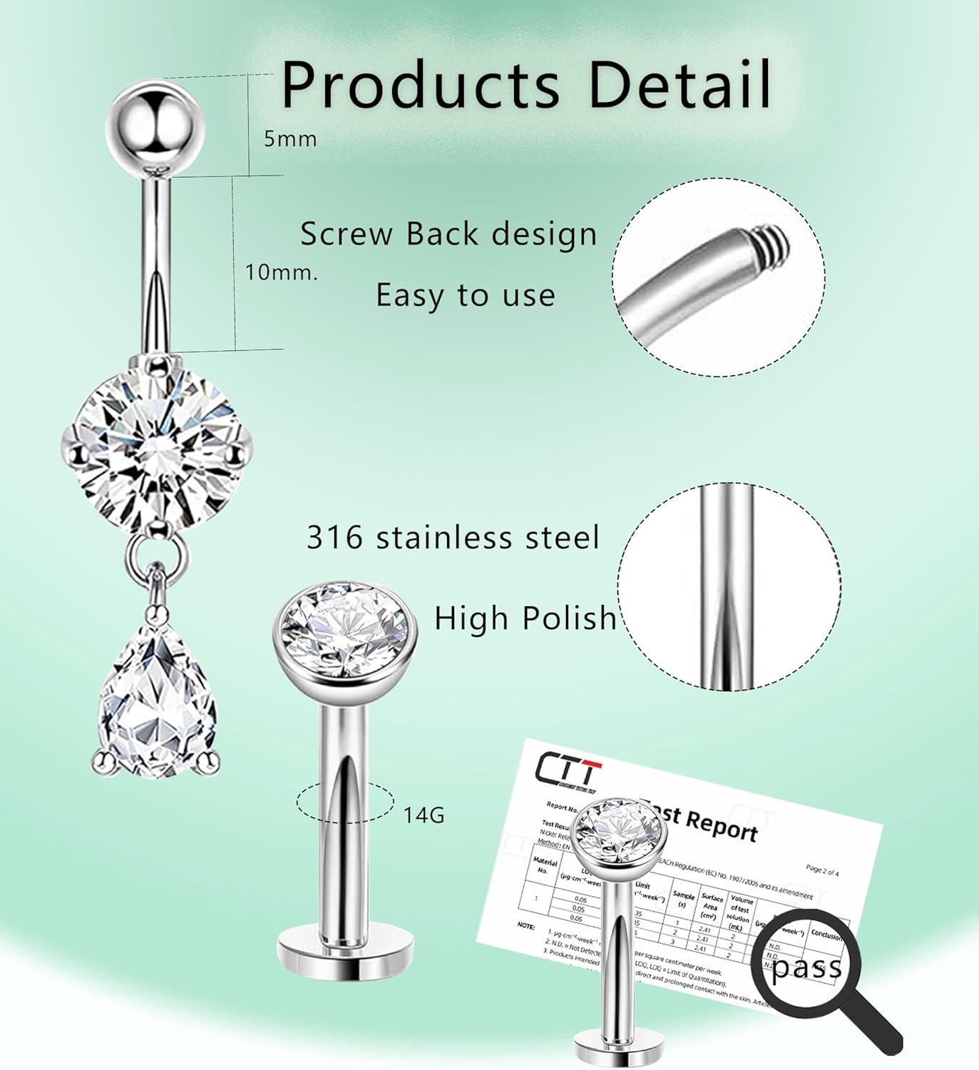 Dangle Floating Gold Belly Button Ring Surgical Stainless Steel Navel Piercing Set Hypoallergenic Small 14g Belly ring Heart Short Cute Pink Dangly Belly Piercing Jewelry for Women - Image 2