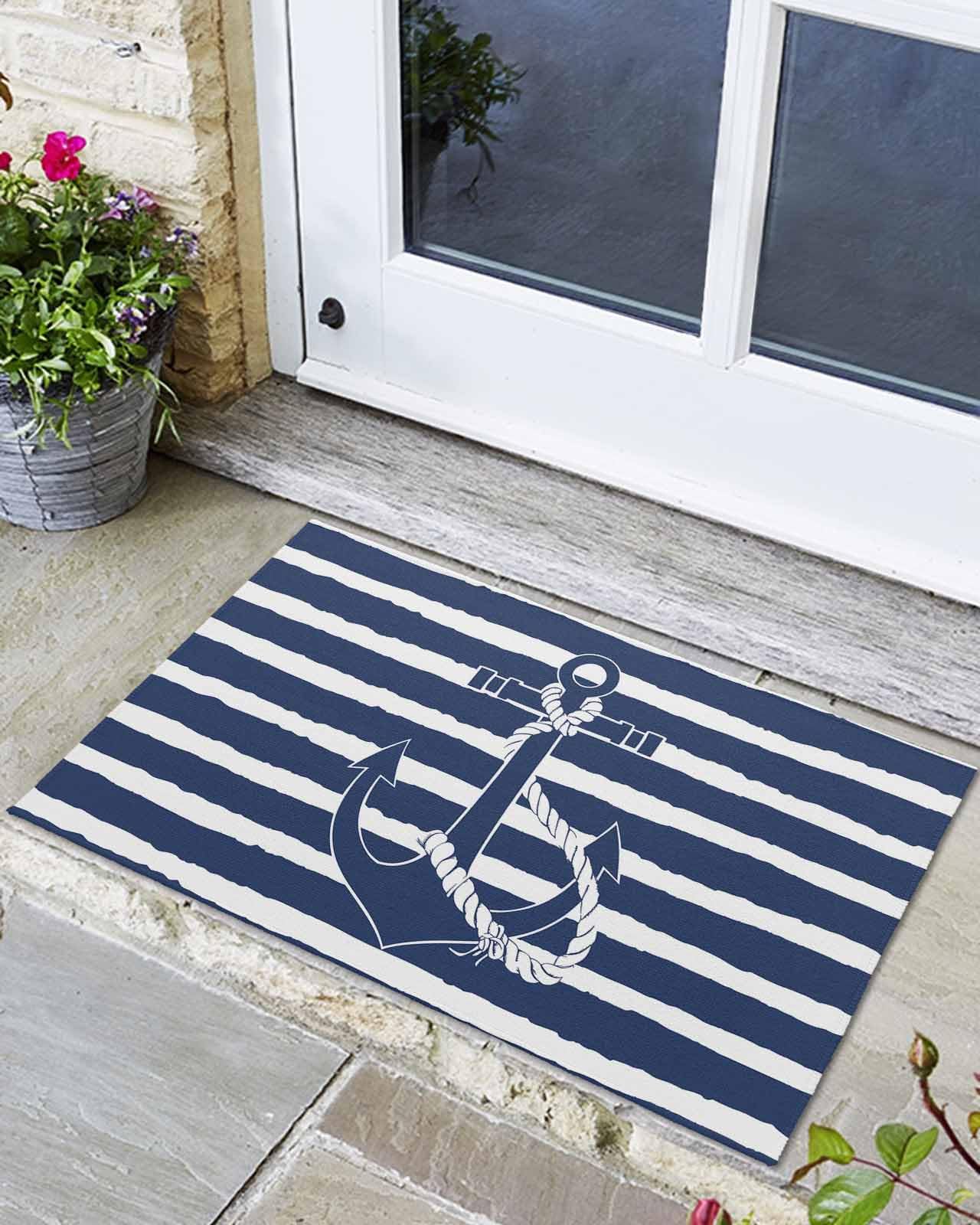 Amazon.com: Nautical Navy Blue White Striped Front Door Mat