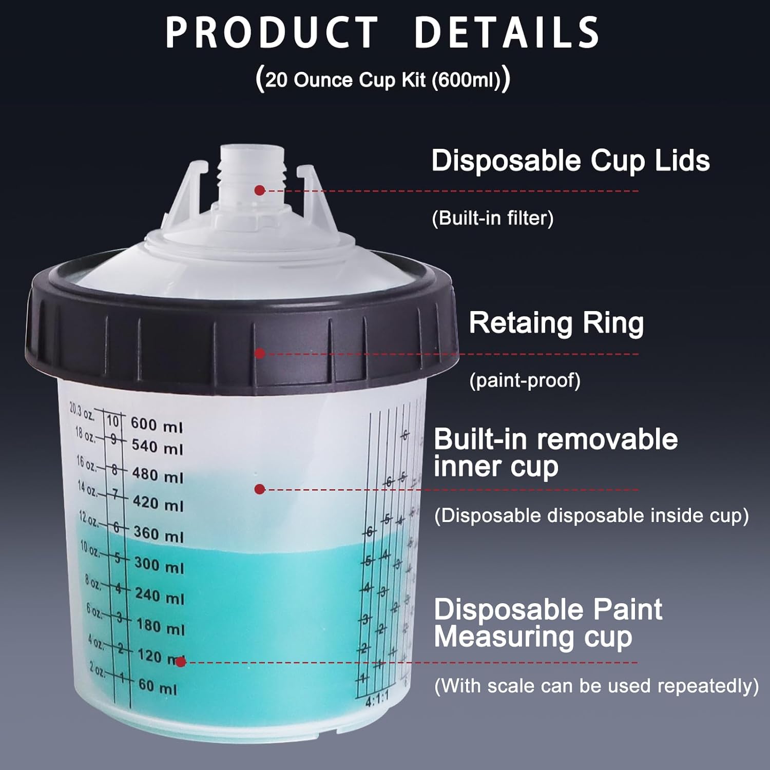 Disposable Paint Mixing Cup 20 Ounce (600ml) Kit,HVLP Paint Sprayer Gun Mixing Cups with 20 Cups and Lids System, 4 Plugs and 1 Hard Cup with Retainer Ring, 1 Cup Adapter,Paint Stirrer (20)