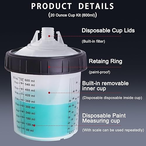 Miniatura 4 de Kit de Tazas Mezcladoras de Pintura Desechables, Kit de Tazas Mezcladoras para Pistola Pulverizadora de Pintura HVLP de 20 Onzas (600ml) con Sistema