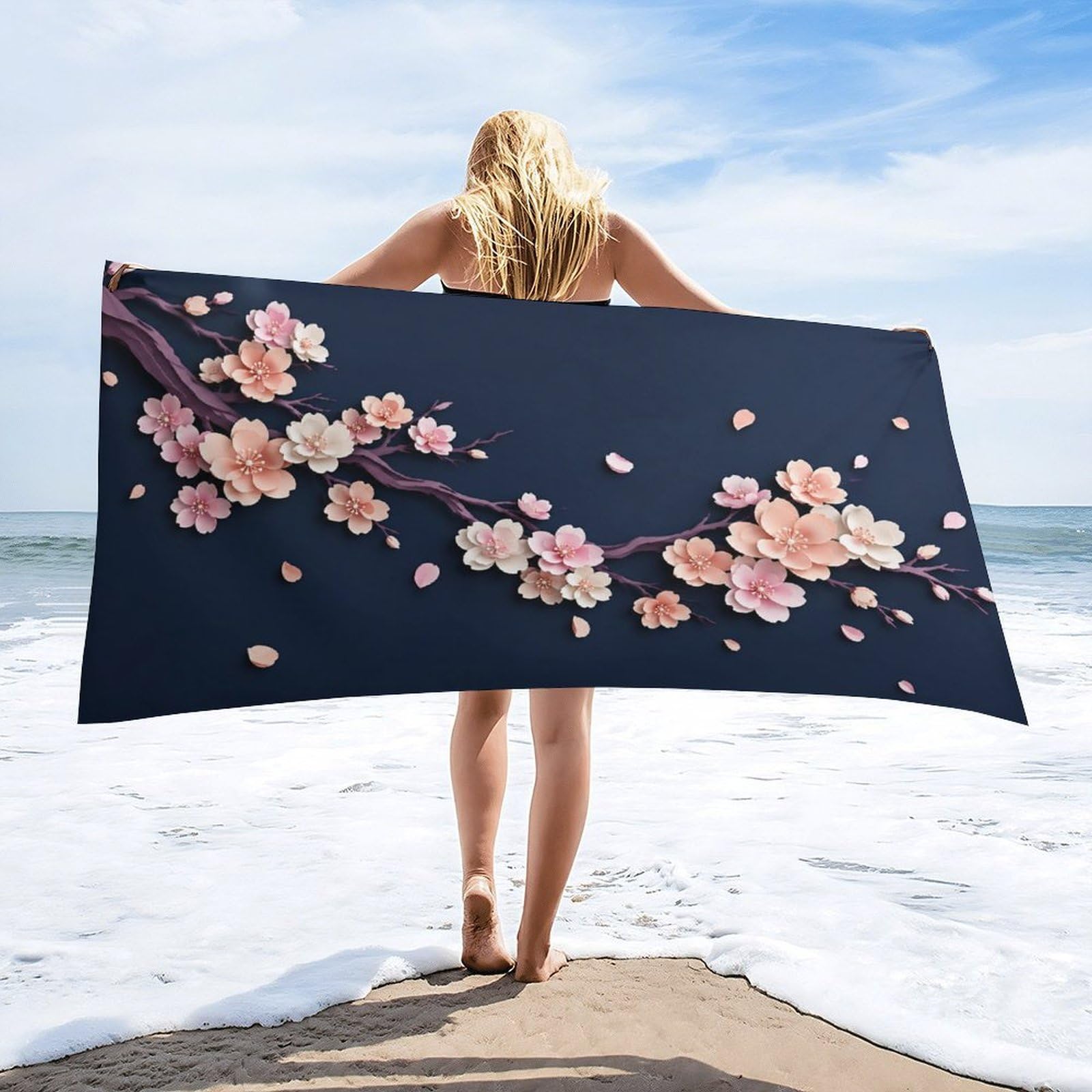 Anceky Cherry Blossom Floral Beach Towel 32"×63",Soft Microfiber Bath Towel Shawl, Quick Dry Absorbent Pool Spa Gym Shower Towel