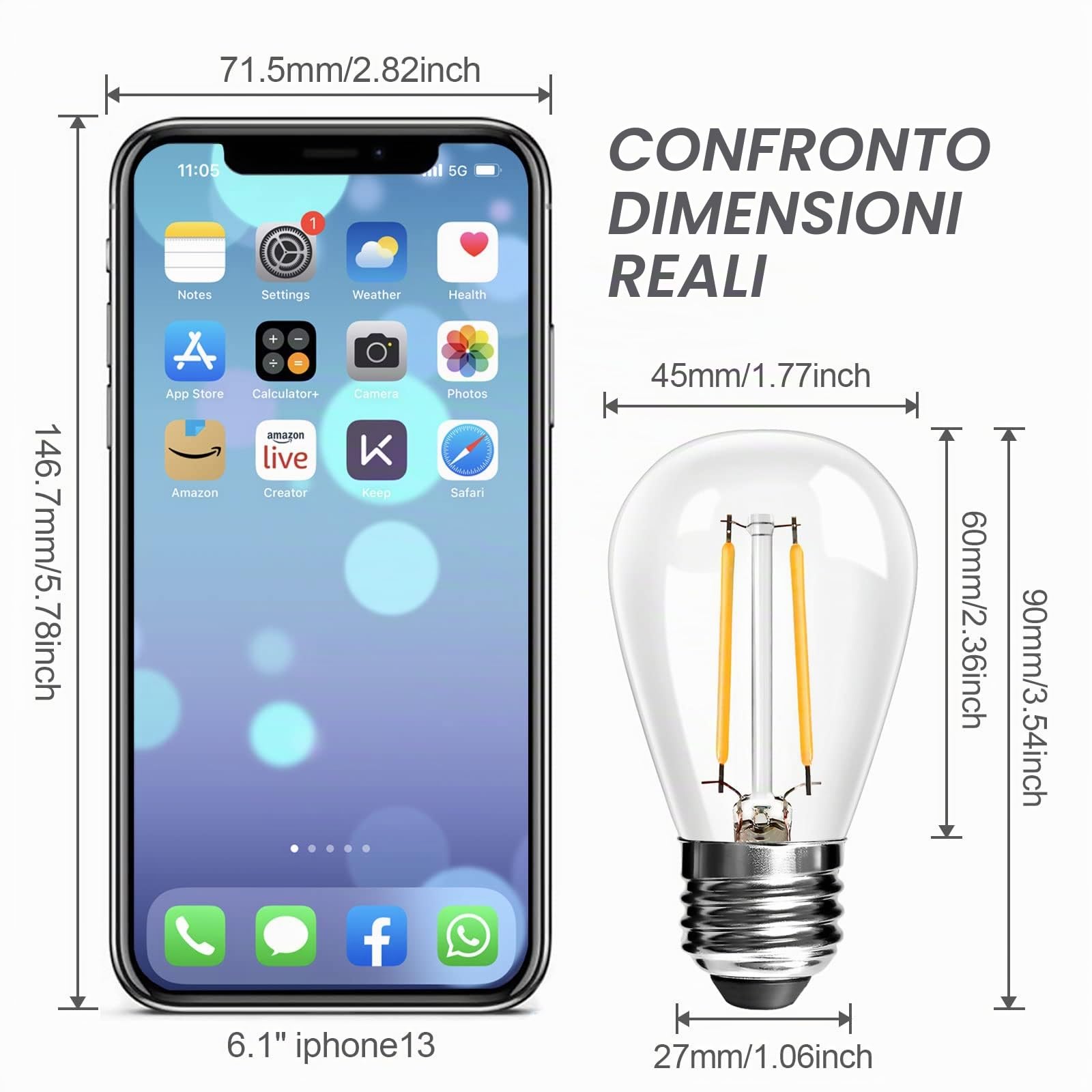 BRIMAX 25 pezzi Lampadina LED E27 S14, Bianco Caldo 2700K 2W 180LM | 230V, vetro trasparente, per stringhe luminose, interni ed esterni, terrazzo, giardino, soggiorno, camera