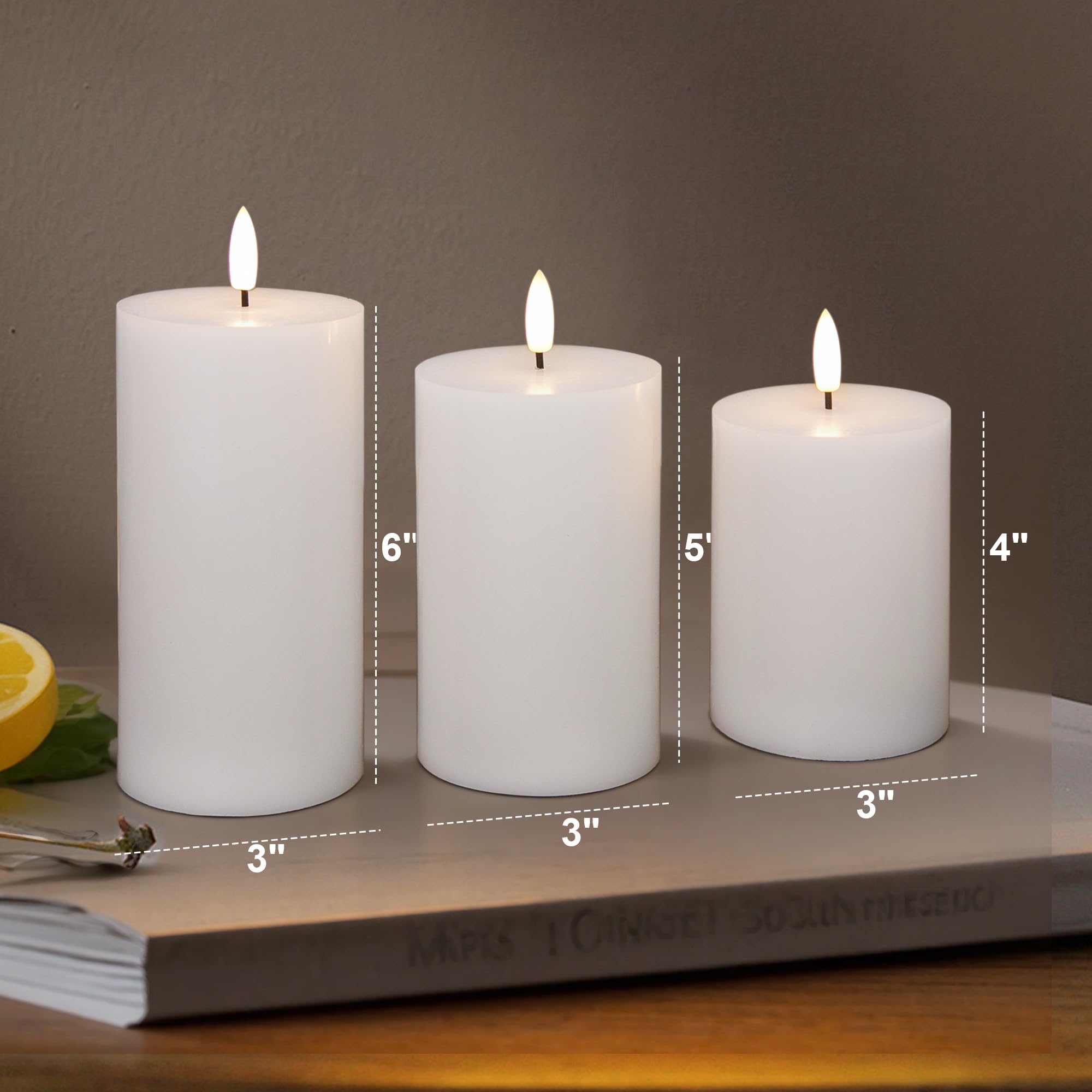 AFINETH White Flameless Pillar Candles, Battery Operated Wax Candles with Remote, Flat Top Flickering Flameless Candles, LED Candles for Home, Wedding, Party Decor, Set of 3, ? 3