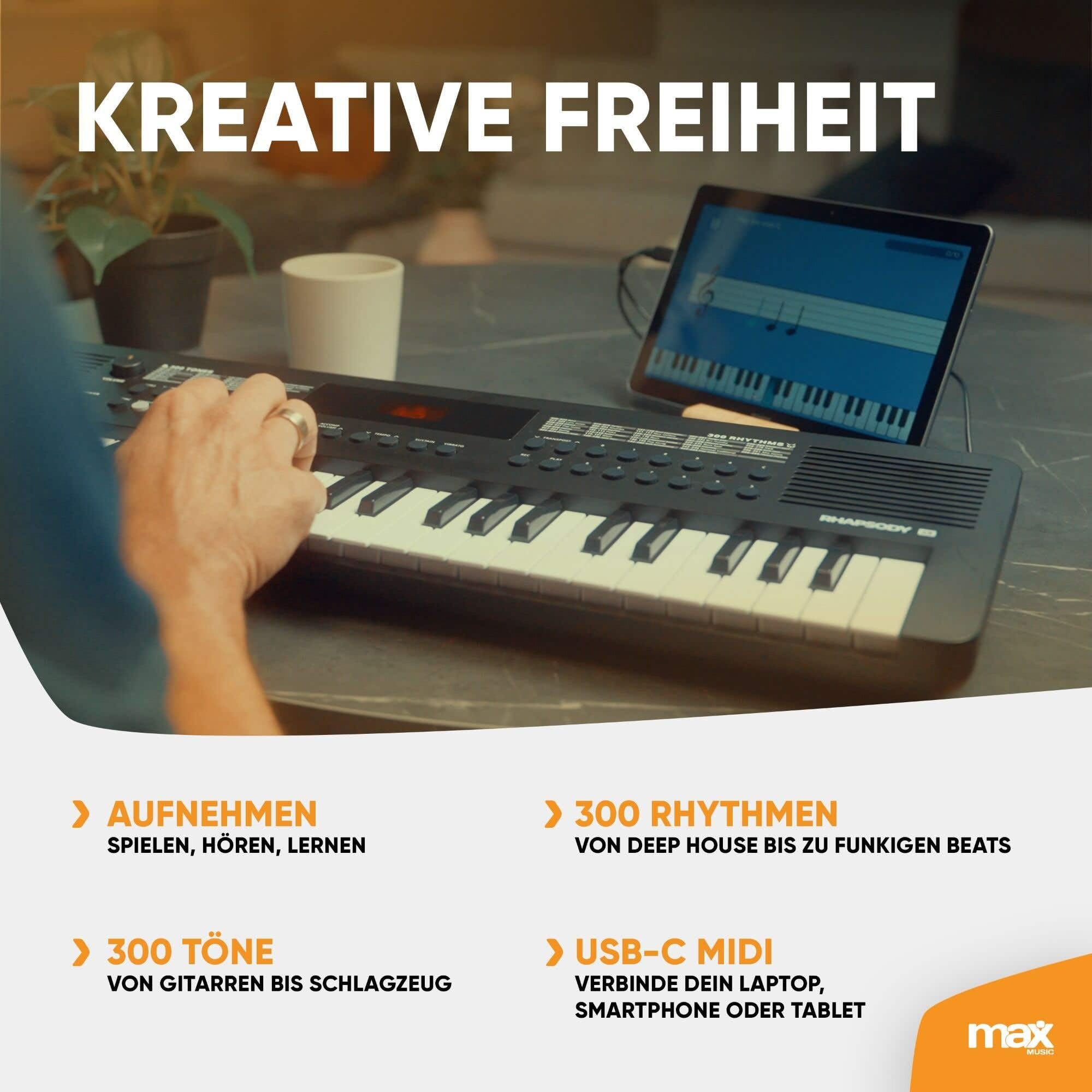 MAX Rhapsody49 MIDI Keyboard 49 Tasten – USB MIDI Controller für FL Studio, GarageBand & DAW - Kompaktes Keyboard Piano für Musikproduktion - Electric Piano für Einsteiger