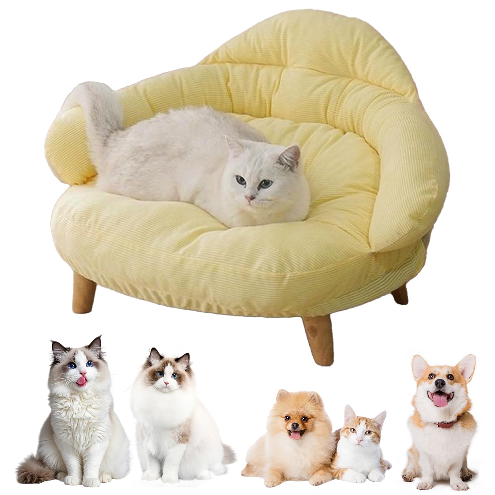 سرير اريكة للقطط والكلاب والقطط، سرير اريكة للقطط والحيوانات الاليفة في الاماكن المغلقة، سرير خشبي مرتفع للقطط مع غطاء مرتبة قابل للازالة، عبوة ثلج مجانية، للاستخدام في الصيف (اصفر ليموني)