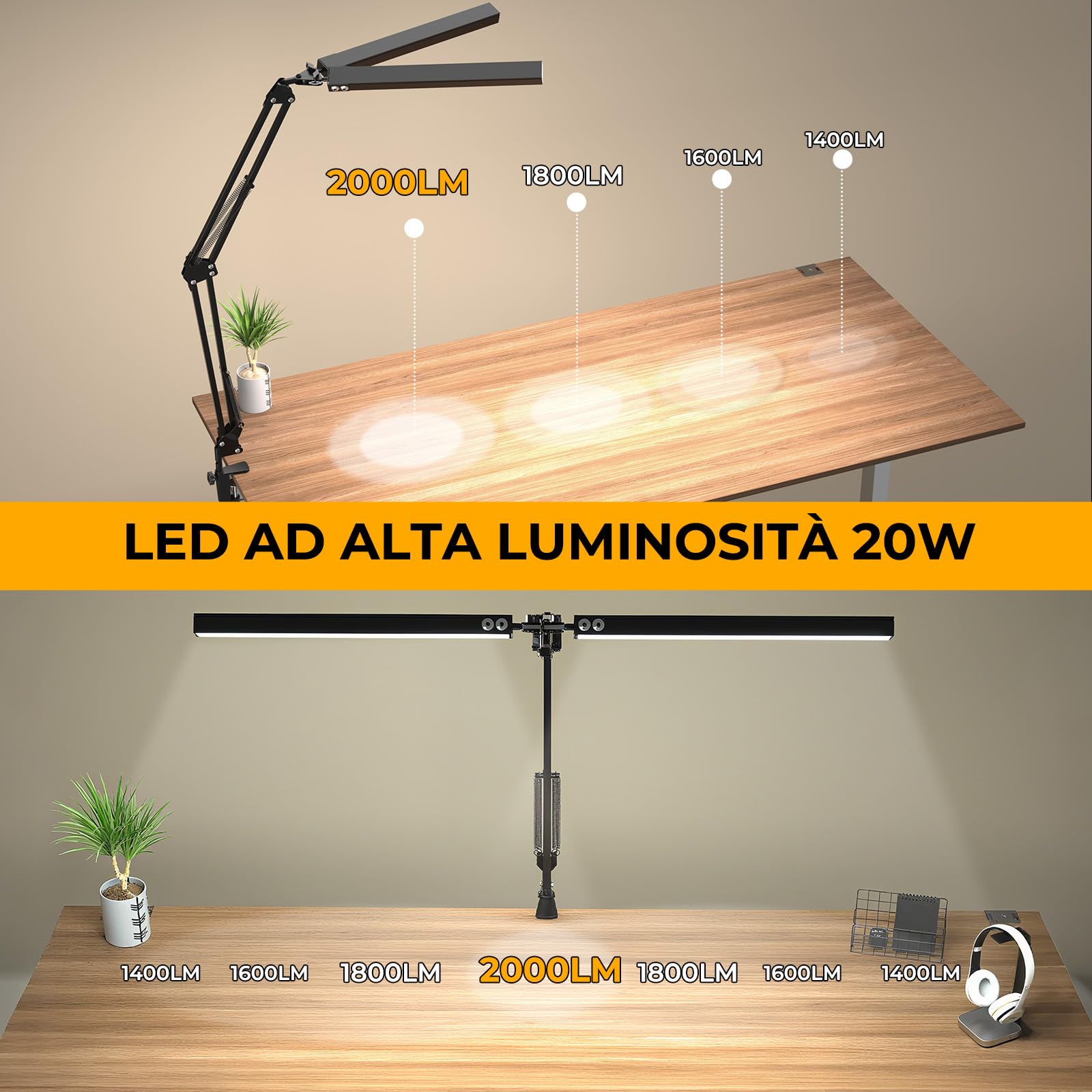 Lustaled Lampada da Scrivania LED Doppia Testa con Pinza 20W Dimmerabile | 3 Colore & 10 Luminosità, Rotación 360°, 2000LM Potente, Nera Luce Scrivania Monitor con Filo per Ufficio, Lettura, Studio