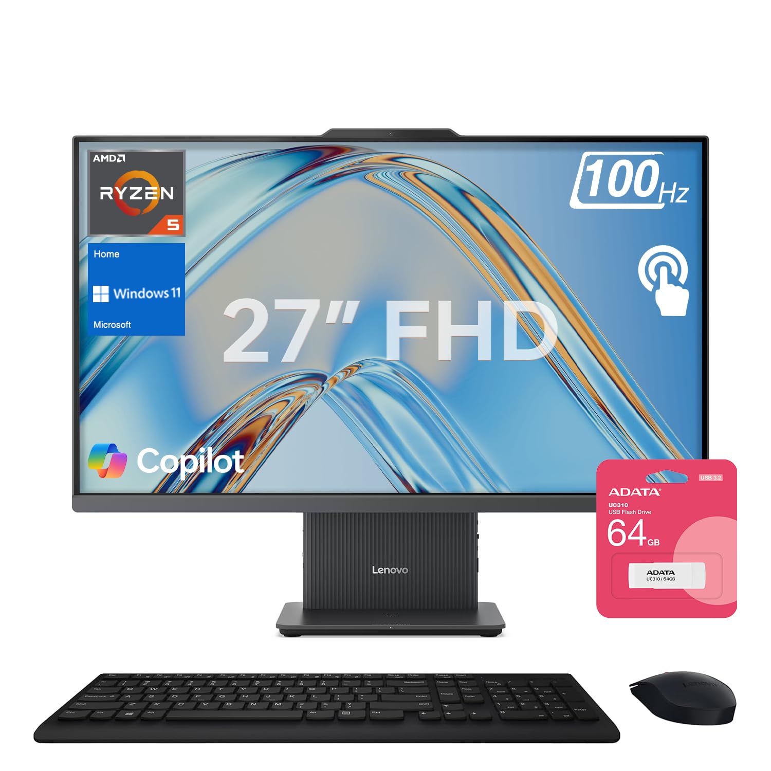Lenovo IdeaCentre Business All-in-One, 27" FHD Touchscreen 100Hz, AMD Ryzen 5 7535HS, 64GB DDR5 RAM, 2TB SSD, Webcam, Wireless KB & Mouse, Windows 11
