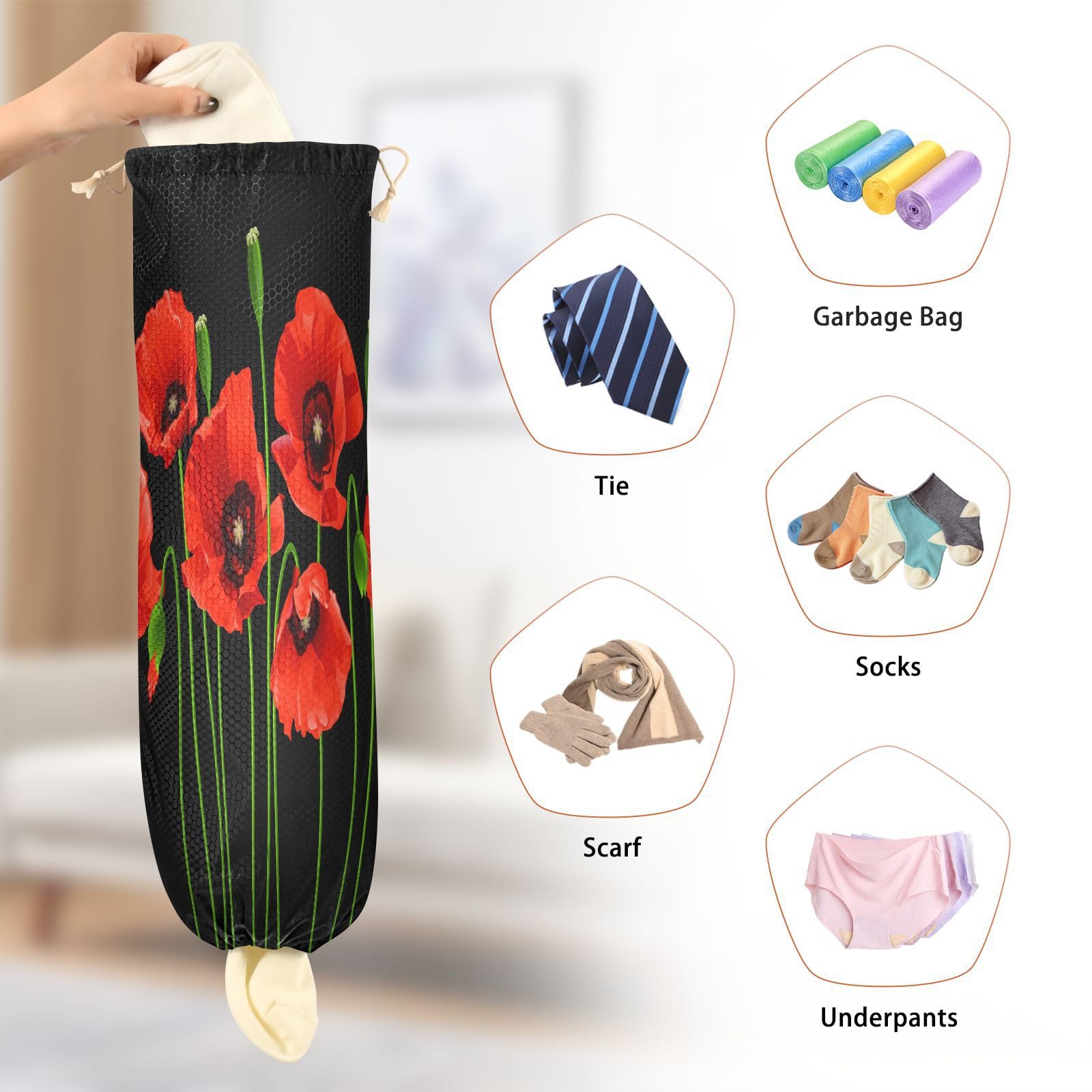 Porta sacchetti di plastica da appendere con bellissimi fiori di papavero per la spesa, organizer da cucina con papaveri rossi, sacchetti di plastica per la spazzatura e la spesa, per la decorazione