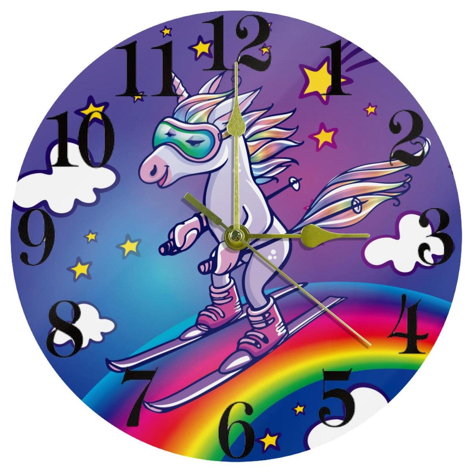 Horloge murale licorne arc-en-ciel 25cm à quartz silencieuse pour chambre d'enfant