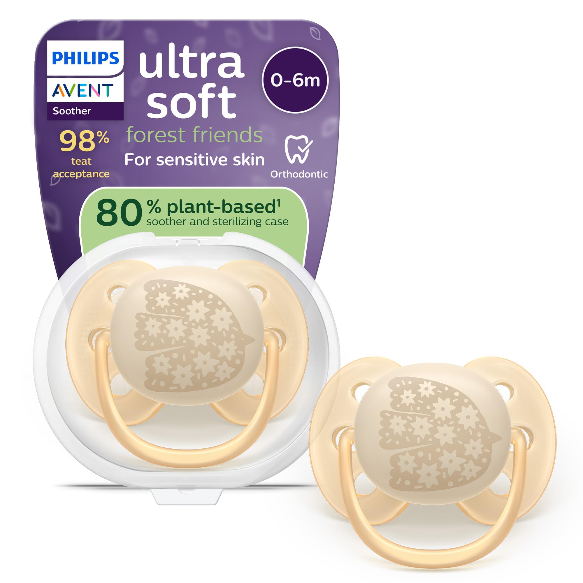 Philips Avent Ultra Soft Soother - Orthodontic Design, for Babies 0-6 Months, Flexible Shield, Silicone Symmetrical Teat, BPA-Free, with Sterilizing Case, SCF092/06