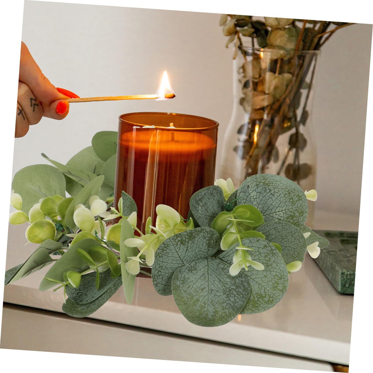 6 Stück Künstliche Eukalyptus Kranz Kerzenringe Langlebige Dekorative Blattgirlanden für Tischdeko Party Hochzeit Indoor Outdoor Gebrauch Rustikale Gartenatmosphäre