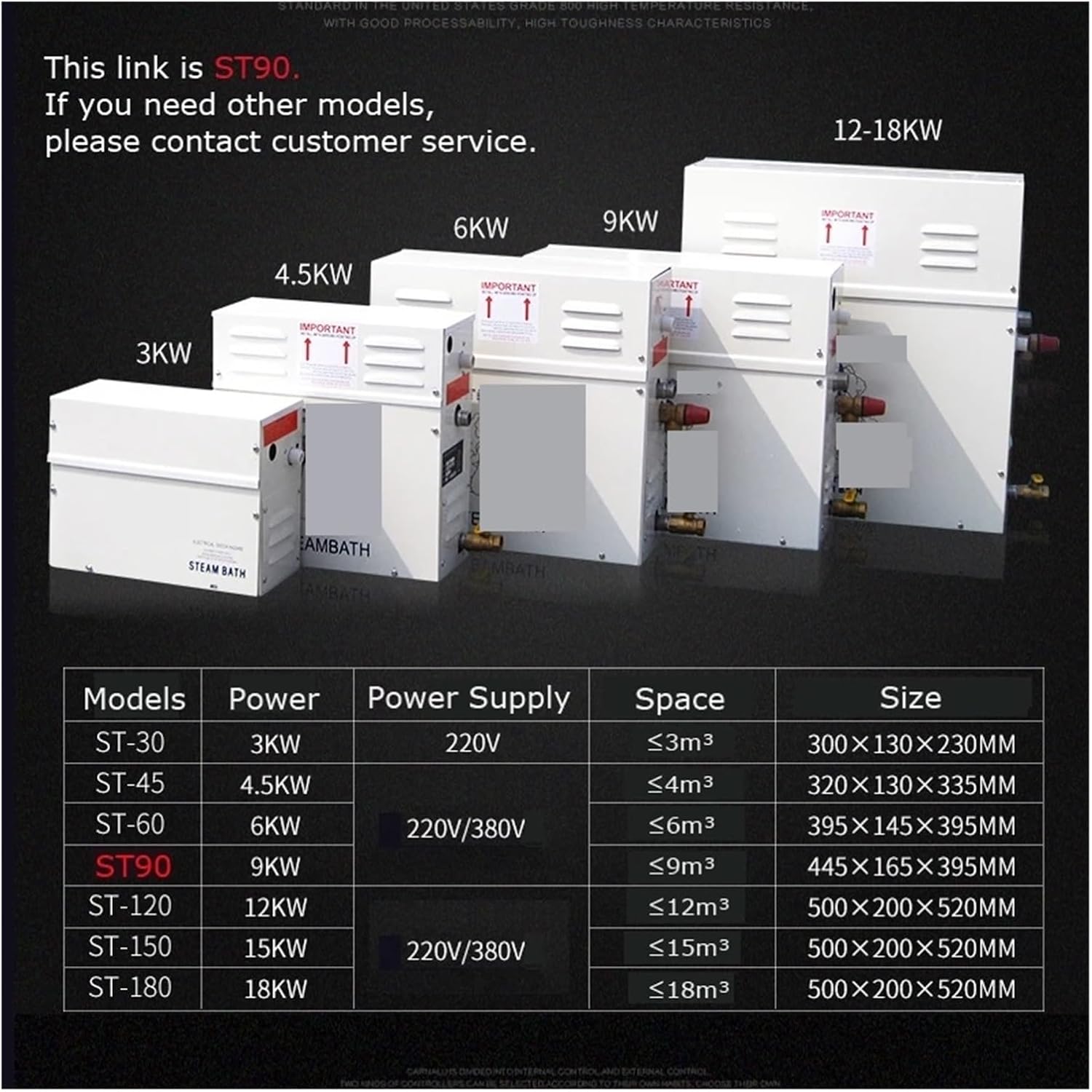Comparison table of YHMMYSHX steam generator models (ST-30 to ST-180) showing power, supply, space, and size
