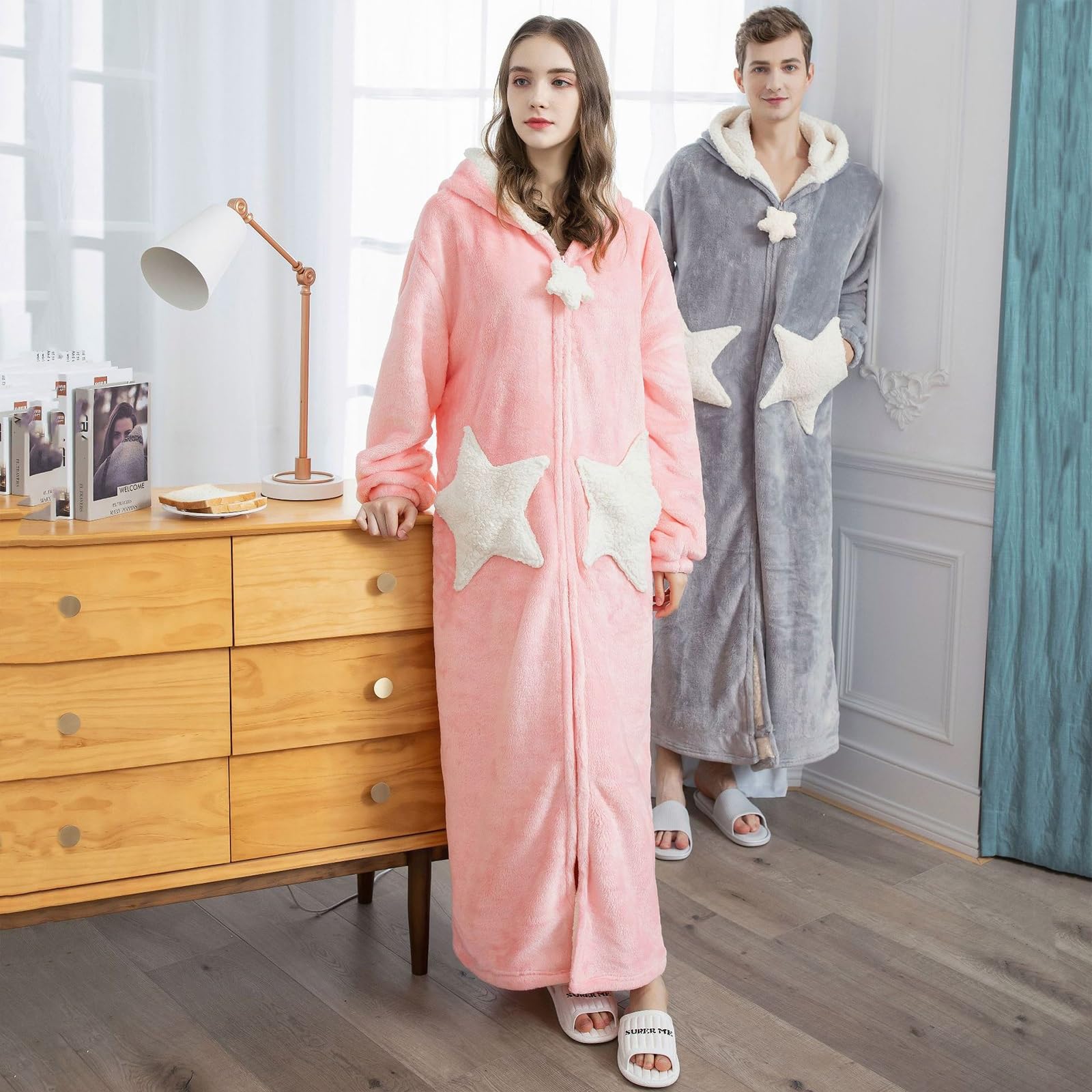 Szlafrok Damskie Szaty Zapinane Na Zamek Plus Size, Luksusowy Flanelowy Polarowy Szlafrok Na Całej Długości Z Kieszeniami (Color : Roze, Size : M)
