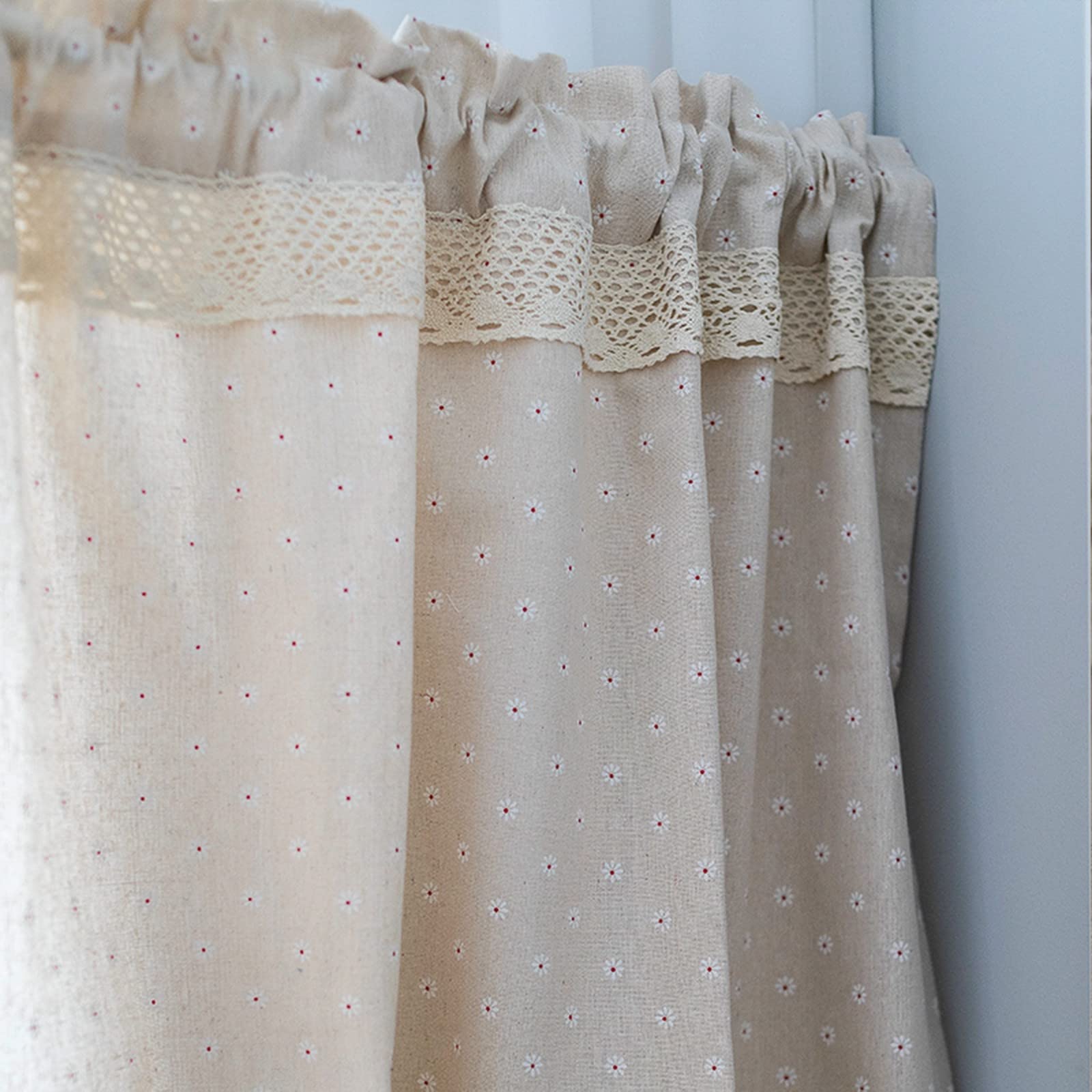 Petit rideau de fenêtre - Coton et lin - Cantonnière en dentelle florale - Style campagnard - Opaque - Pour cuisine, bistrot, café, magasin - Motif margherita