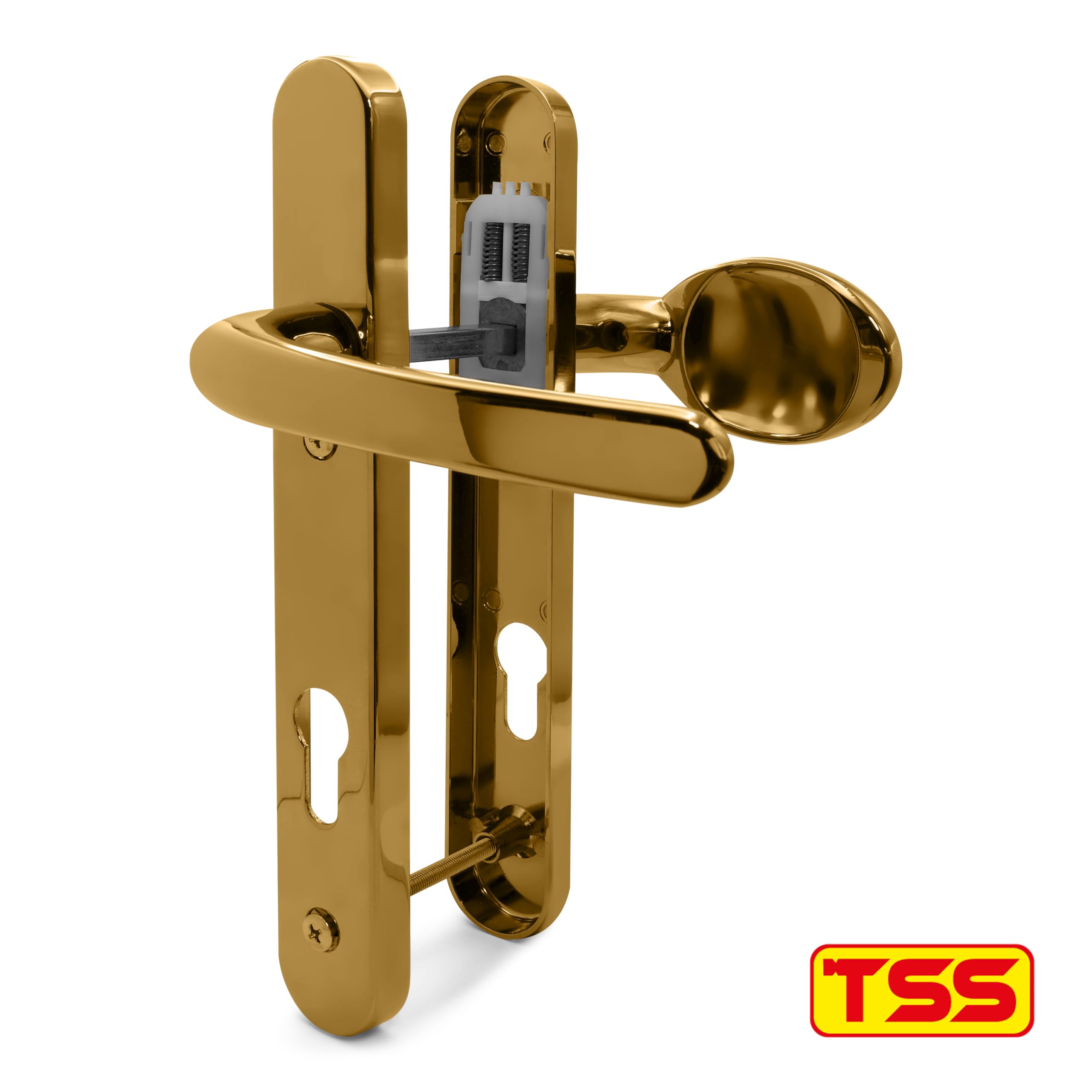TSS Polished Brass UPVC Door Handle Pair Set, Sprung, 92mm PZ (Centres), Lever Moveable Pad - Image 4