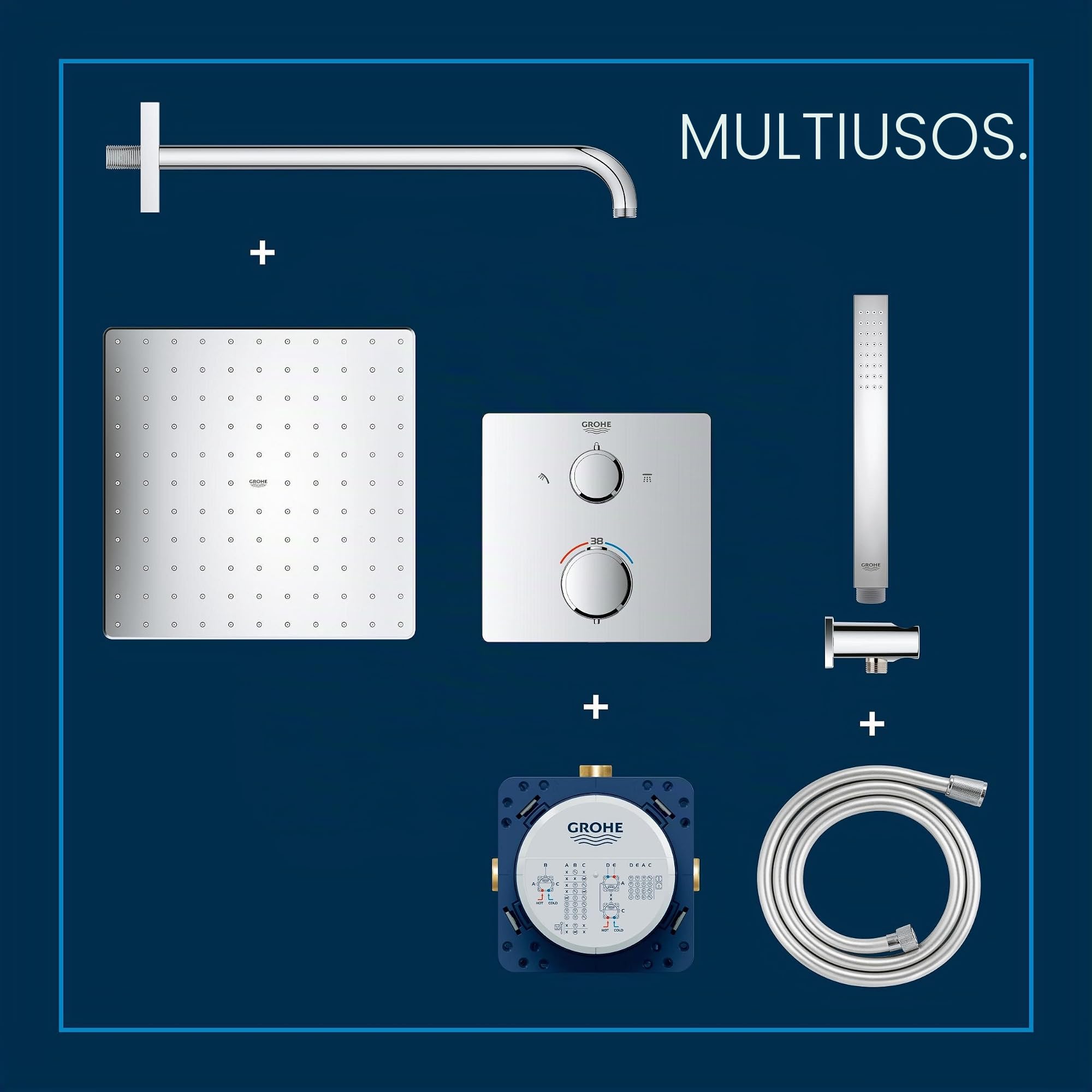 GROHE Precision 310 Sistema de ducha empotrado (ducha mural de 310 mm, 1 barra de ducha, caja de instalación universal, manguera de ducha de 1500 mm), cuadrado, cromo 34881000