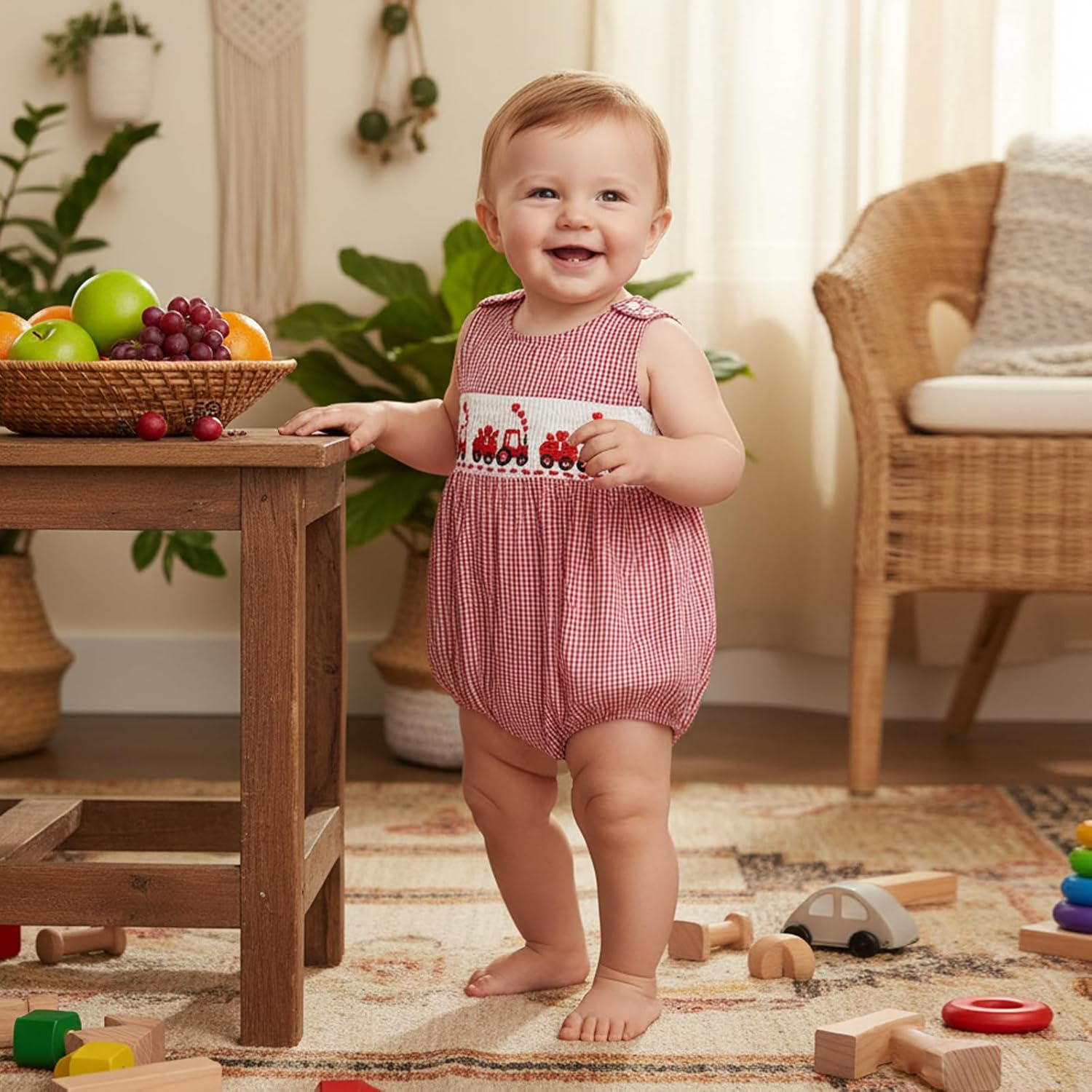 Newborn Baby Boy Valentines Day Outfit Embroidery Sleeveless Smocked Bubble Romper Plaid/Striped Bodysuit Jumpsuit - Image 4