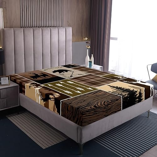 Miniatura 305 de Sábana bajera ajustable de oso de caza, juego de ropa de cama a cuadros de búfalo, sábanas de retazos de cabaña rústica para niños, niños, Multi