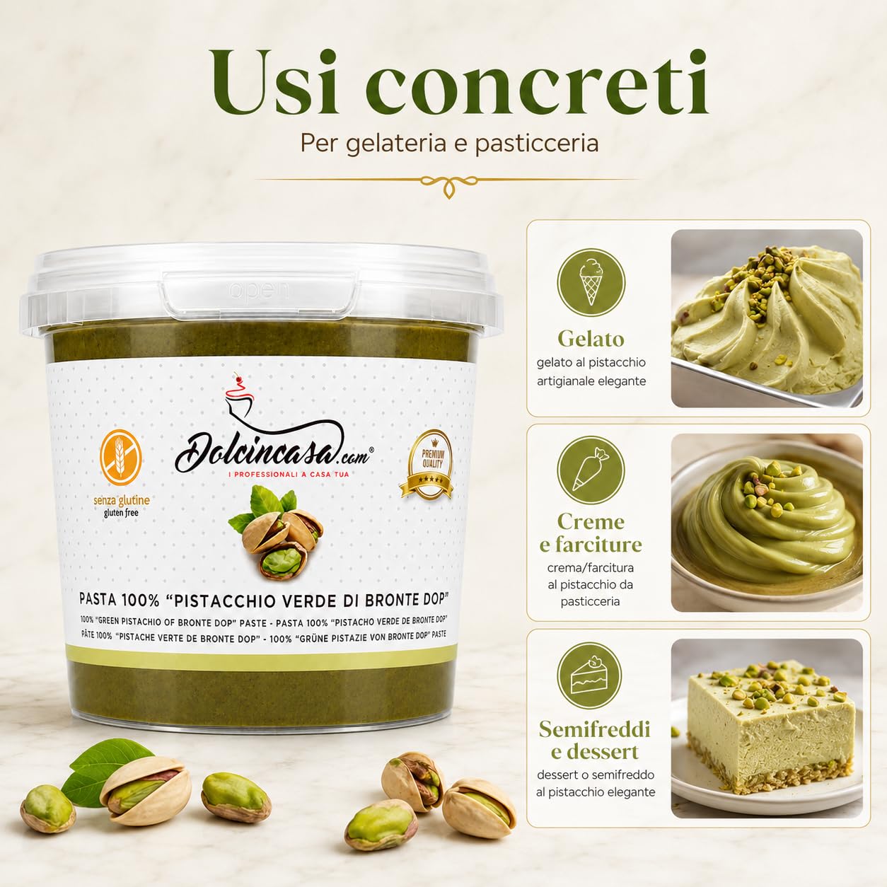 Dolcincasa Pasta Pura di Pistacchio Verde di Bronte DOP 100% - Senza Coloranti e Aromi Aggiunti - Per Gelato Artigianale, Creme, Dessert e Pasticceria Professionale - 500 g