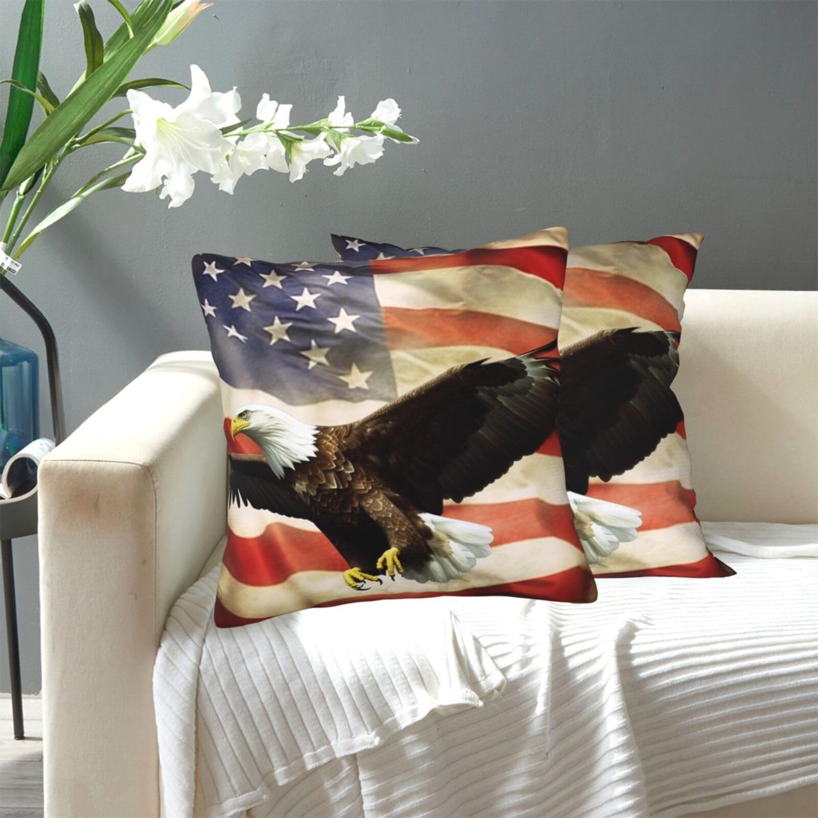 FekiLoot Decorative Throw Pillow Covers Modern Farmhouse Pillowcase Double Sided Cozy Cushion Cover for Sofa Couch Bed 20"X20" American Flag Fly Eagle