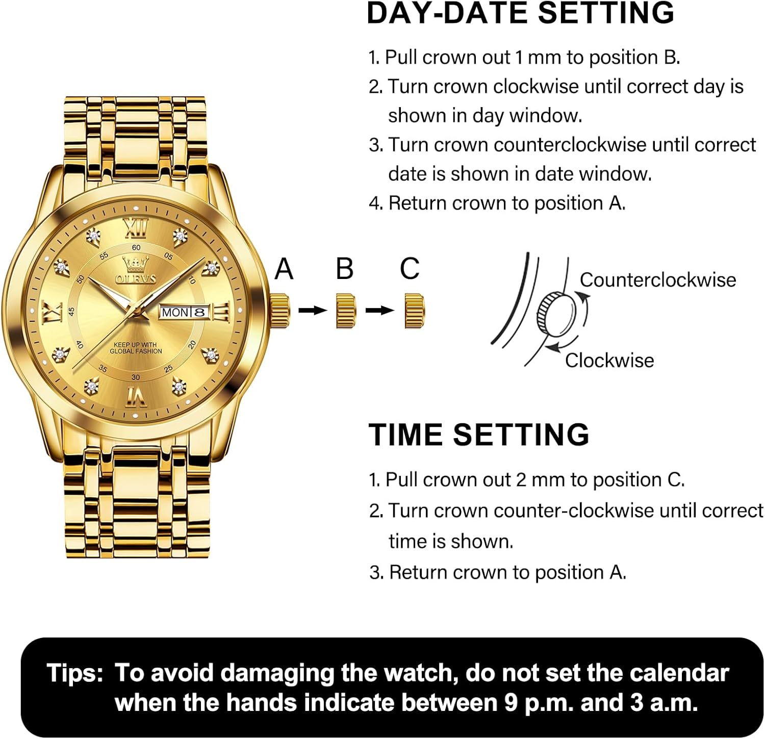 OLEVS Men's Stainless Steel Watch, Large Face Roman Numerals Diamond Accented Three-Hand Analog Quartz Watches for Men, Easy to Read Day Date Waterproof Luminous Mens Wristwatch - Image 7