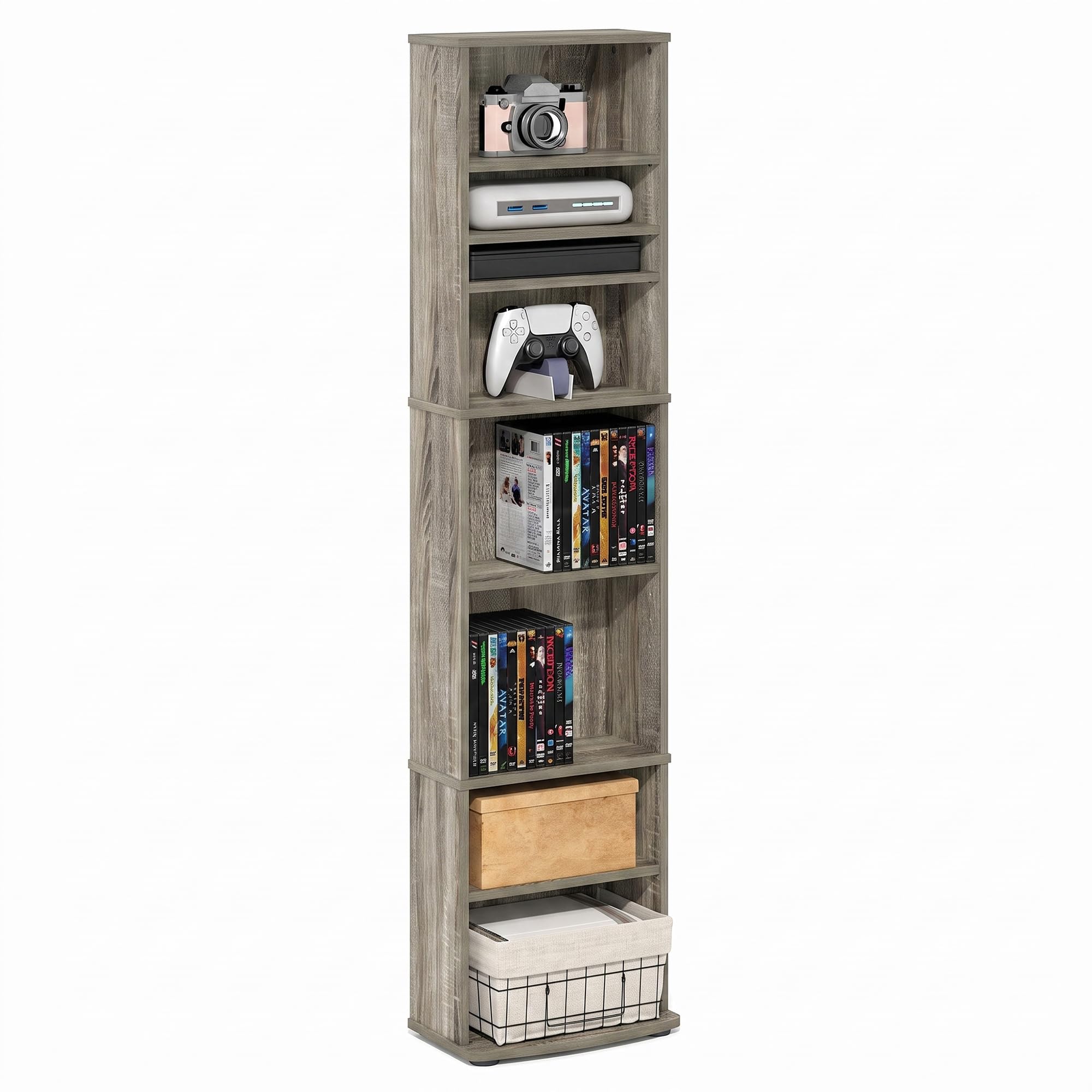 Furinno Jaya DVD Shelf, 8-Tier Tall Narrow CD Rack, Media Shelf with Adjustable Shelves, DVD Storage Cabinets for CD Bluray Game Disc, Easy Assembly, for Living Room, Home Office, French Oak
