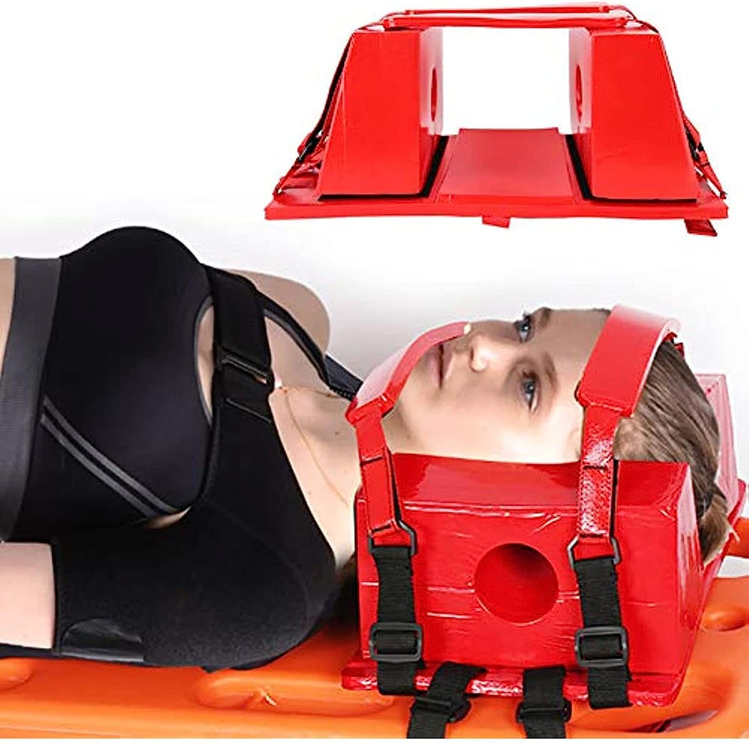 Inmovilizador de cabeza de placa de columna vertebral ajustable, inmovilizador de cabeza impermeable, práctica ayuda de emergencia con correas, soporte de cabeza de rayos X de primeros auxilios para