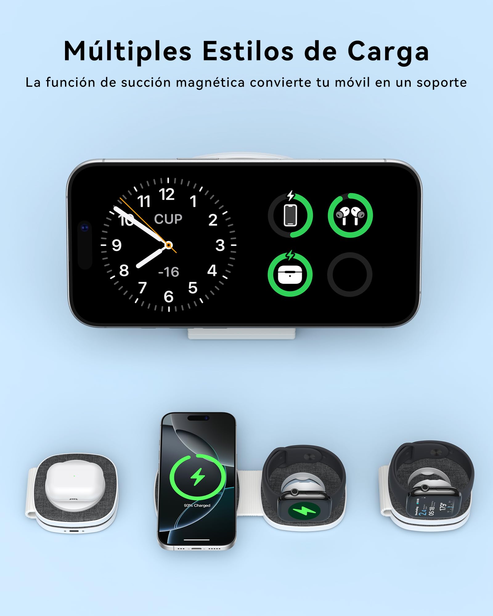 2 en 1 Cargador Inalambrico para MagSafe Plegable para iPhone 17, Air, 16, 15, 14, 13, 12 Series, para Apple Watch Series 11 10 9 8 7 6 5 4 3 2 1 SE/Ultra, para AirPods Estacion de Carga