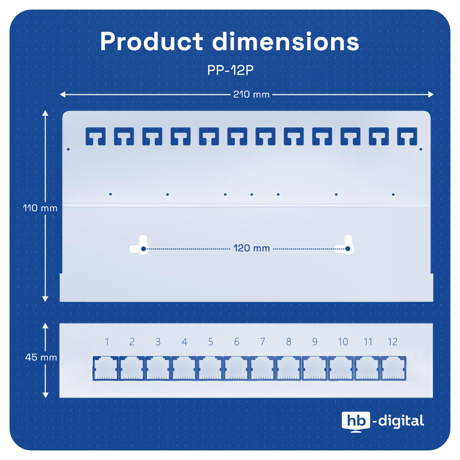 HB-DIGITAL 12-port CAT 6a LSA Panneau de brassage blindé pour bureau et montage mural - 12 prises RJ45 pour réseau Ethernet LAN avec câble de terre - Gris clair