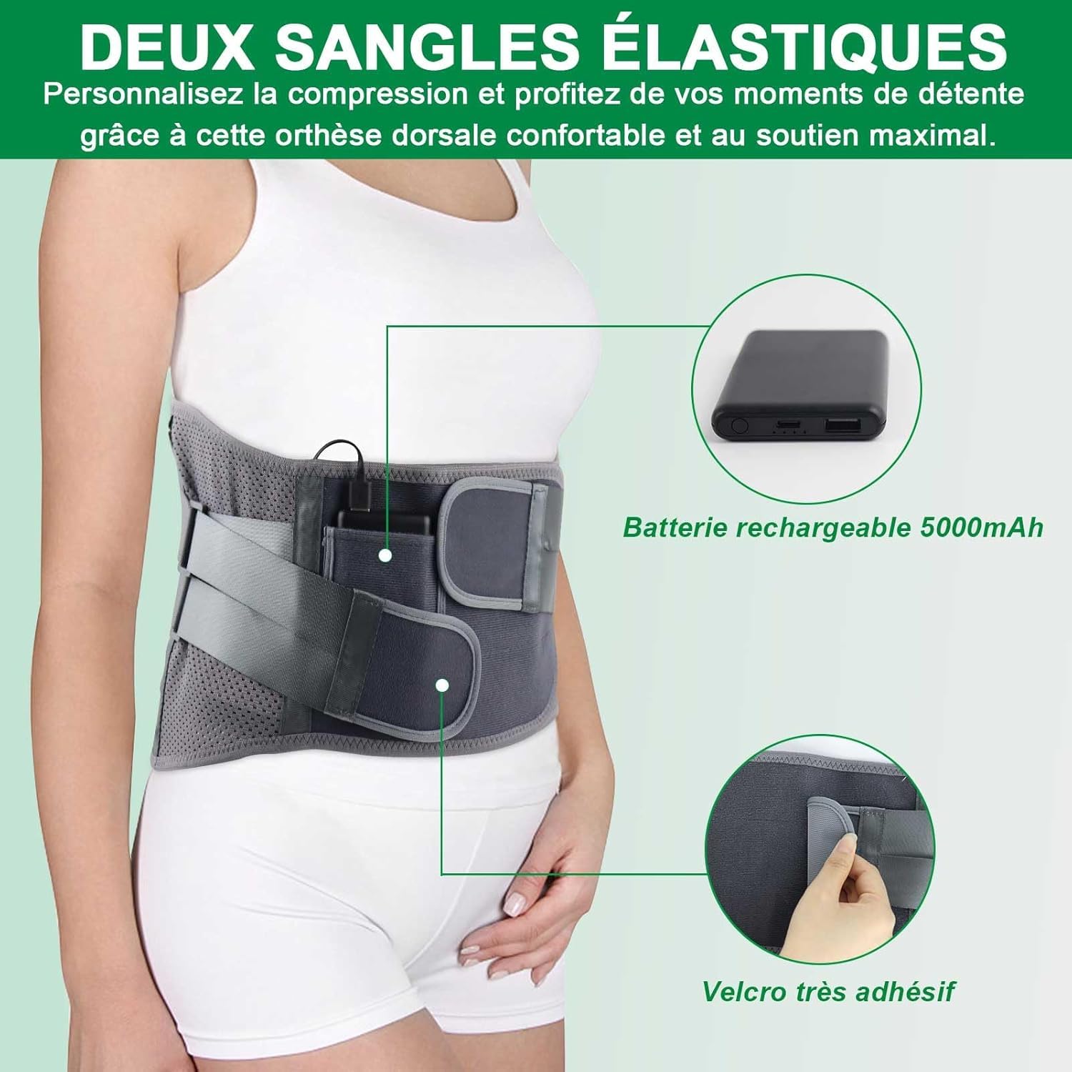 HONGJING Ceinture Lombaire Chauffante pour Soulagement des Douleurs, avec 7 Barres Métalliques et Batterie Rechargeable de 5000mAh, pour Hernies Discales et Scoliose(L)