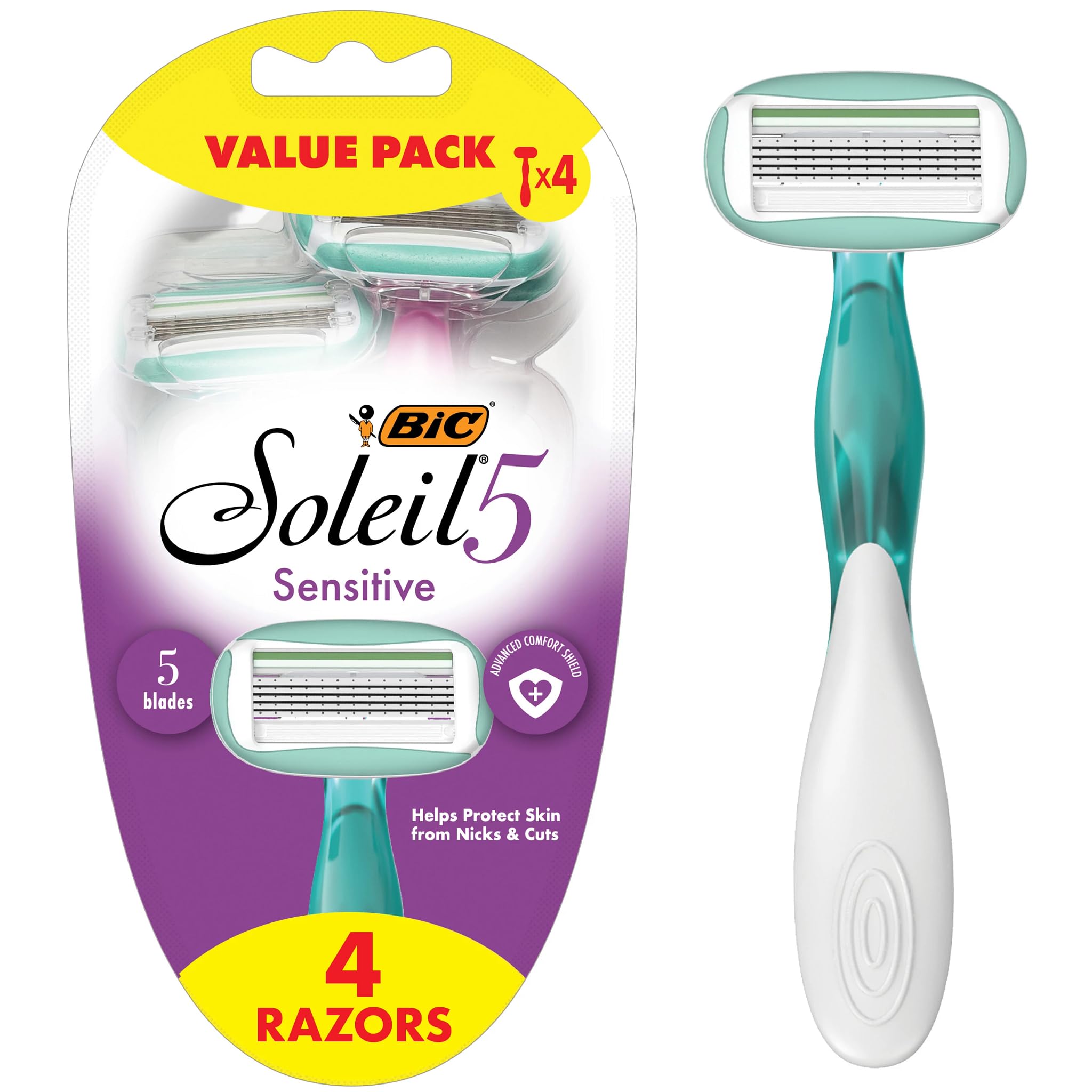 BIC Soleil 5 Sensitive Womens Disposable 5 Blade Razors 360 Degree Moisture Strips and Pivoting Head 4-Pack