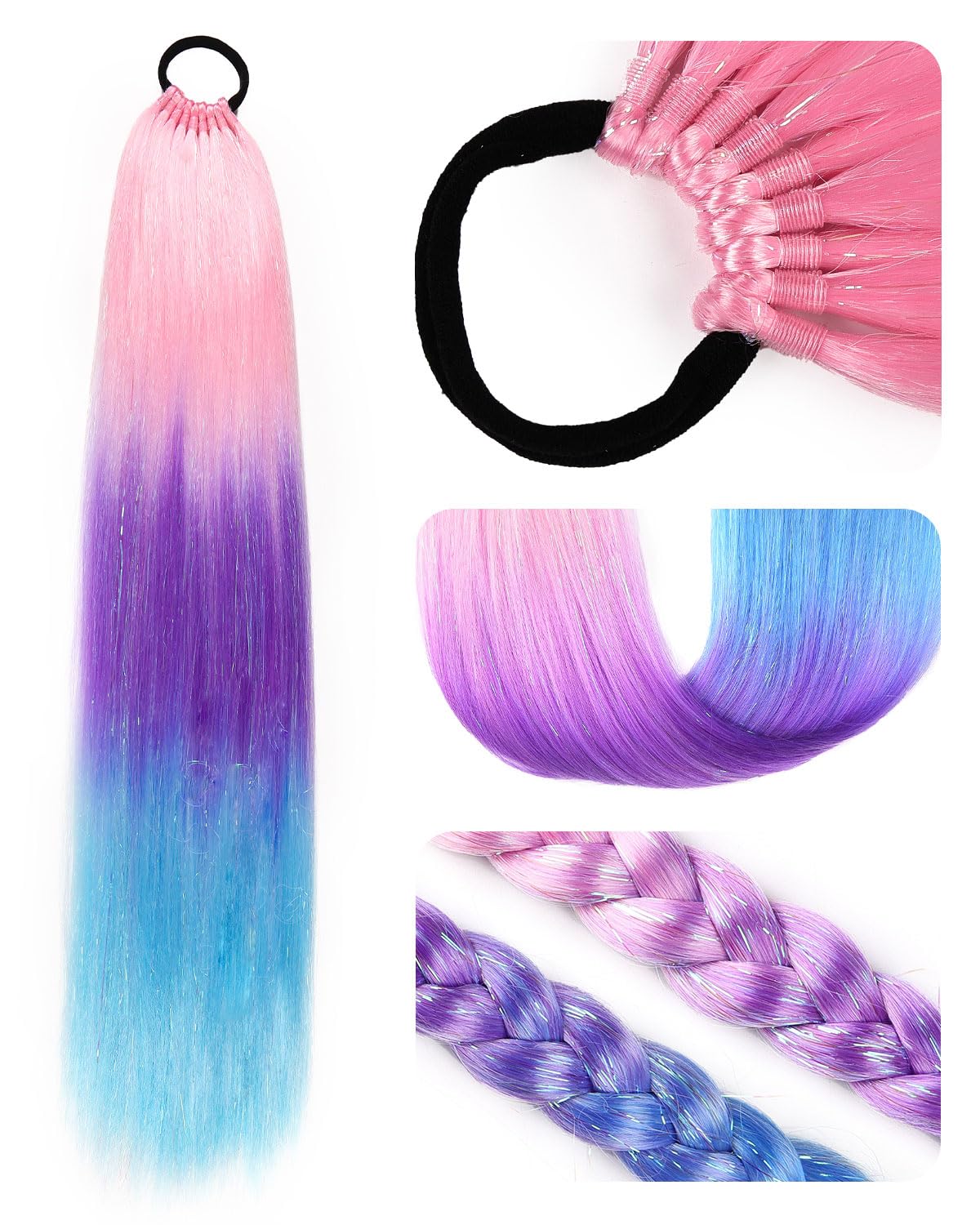 Ponytail Extension With Hair Tie 26 inch Colored Hair Extensions for Braiding Colorful Ombre Pony Tail Hair Extensions for Braids Rainbow Festival