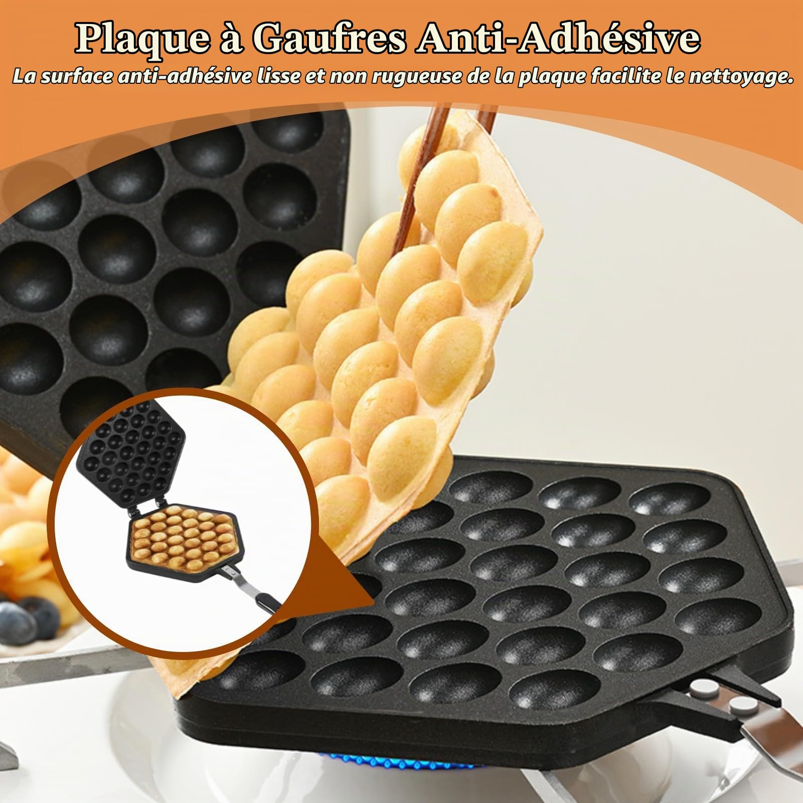 Poêle à gaufre à bulles, plateau de gaufrier aux œufs de style Hong Kong