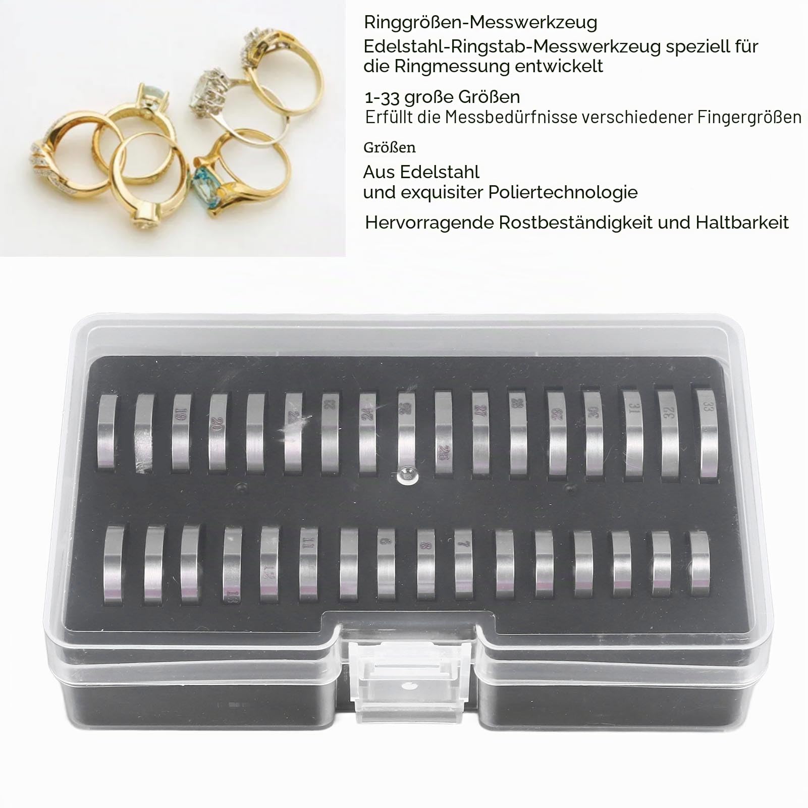 Ring Sizer Messwerkzeug-Kit, Wiederverwendbares Fingermaßband aus Edelstahl mit Aufbewahrungsbox, Tragbare Finger Ringe Gauge Ring Sizer Tool Kit für Eheringe und Moderinge