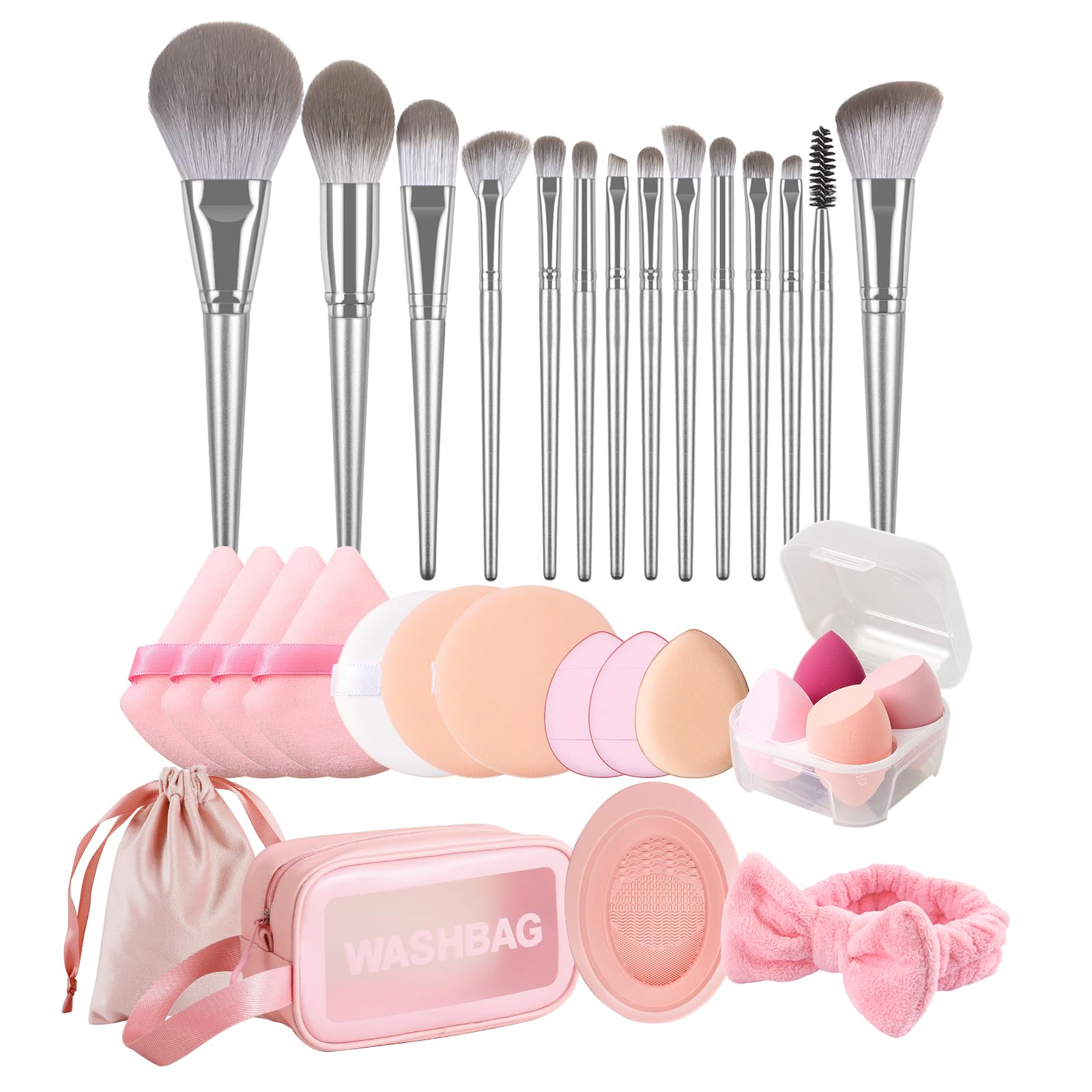 Makeup Brush Set, Makeup Brush Set including Triangle, Rounds and Mini Powder Puff, Cosmetic Sponge, Cleaning Mat, Carry Bag