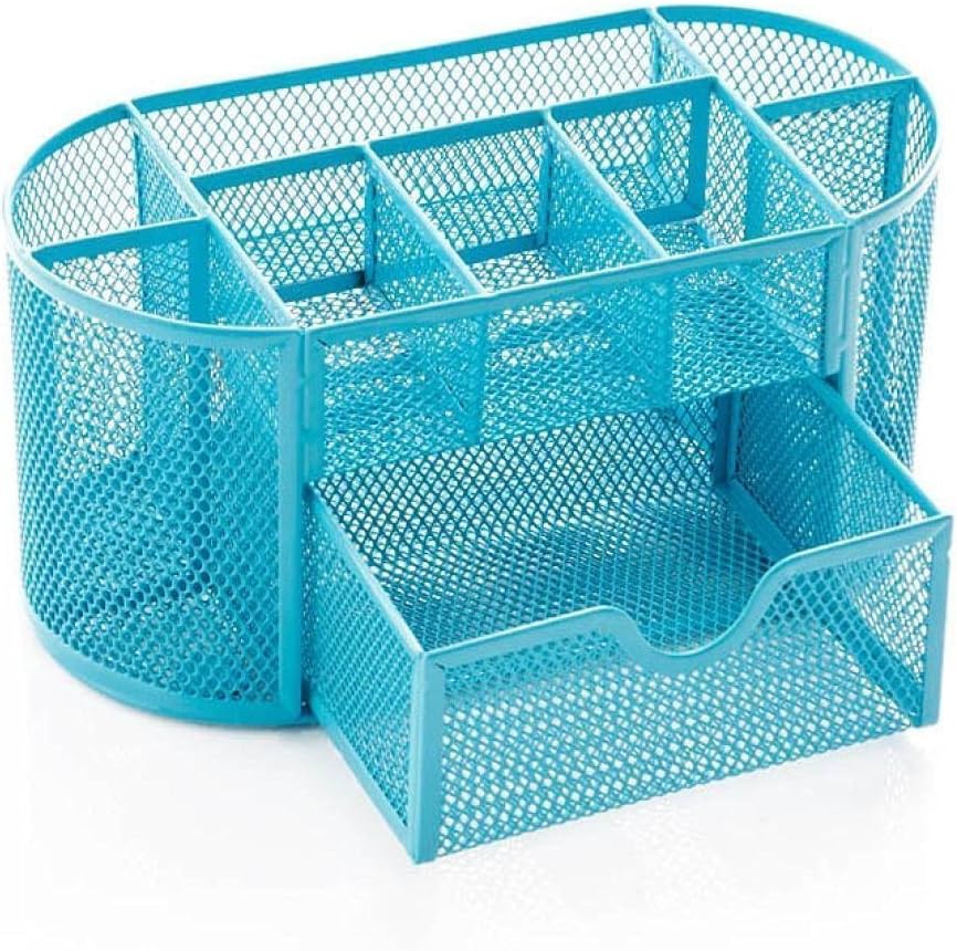Mesh Desk Organizer Set - OREILI Office Tidy Organizer Desk Caddy Drawer Multi - functional with Pen Holder Collection (Blue)