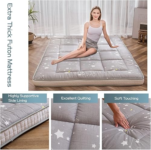 Miniatura 5 de MAXYOYO Colchón de futón de constelación gris, colchón japonés de tamaño individual, acolchado para cama, extra grueso, plegable, transpirable, cama
