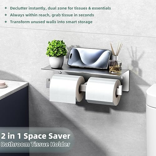 Miniatura 2 de Soporte de papel higiénico doble, soporte de pañuelo de papel para el baño APL SUS304 de acero inoxidable con estante para el celular